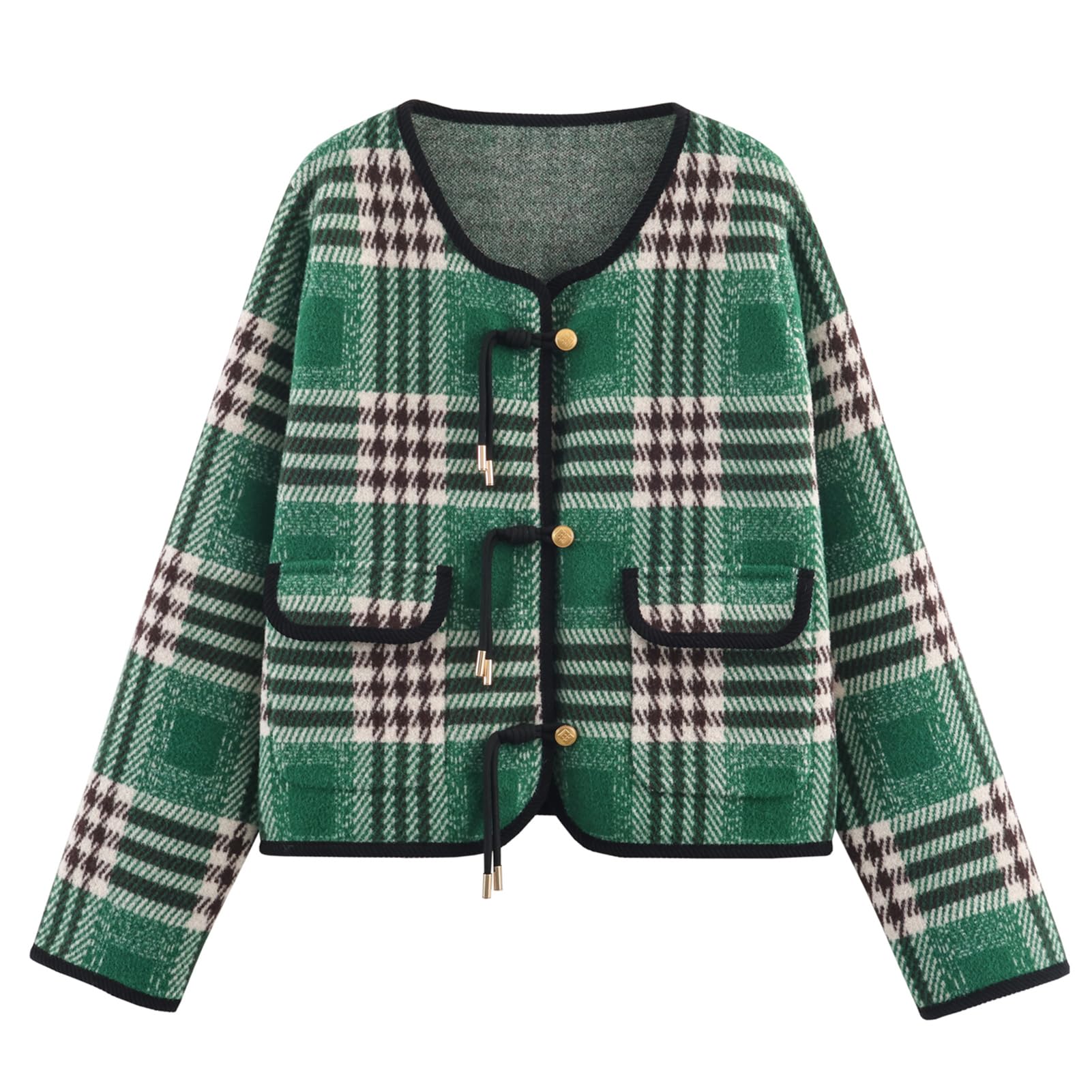 Women's Vintage Button Down Cardigan Sweater Plaid Print Long Sleeve Knit Coat Fall Fashion Outerwear with Pockets-image-45