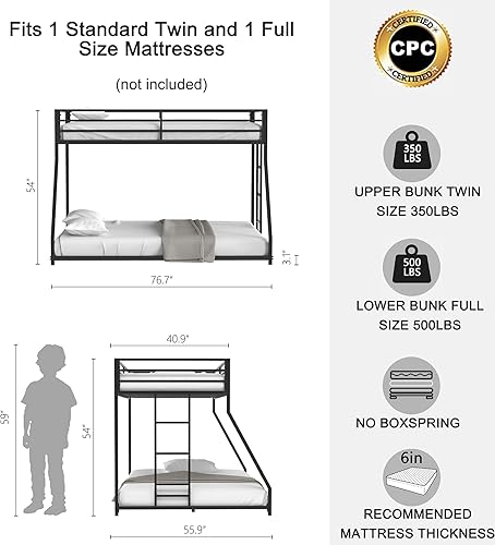 Miniatura 20 de GNIXUU Literas de tamaño individual sobre matrimonial, marco de literas bajas de metal resistente con barandilla de seguridad y escalera para