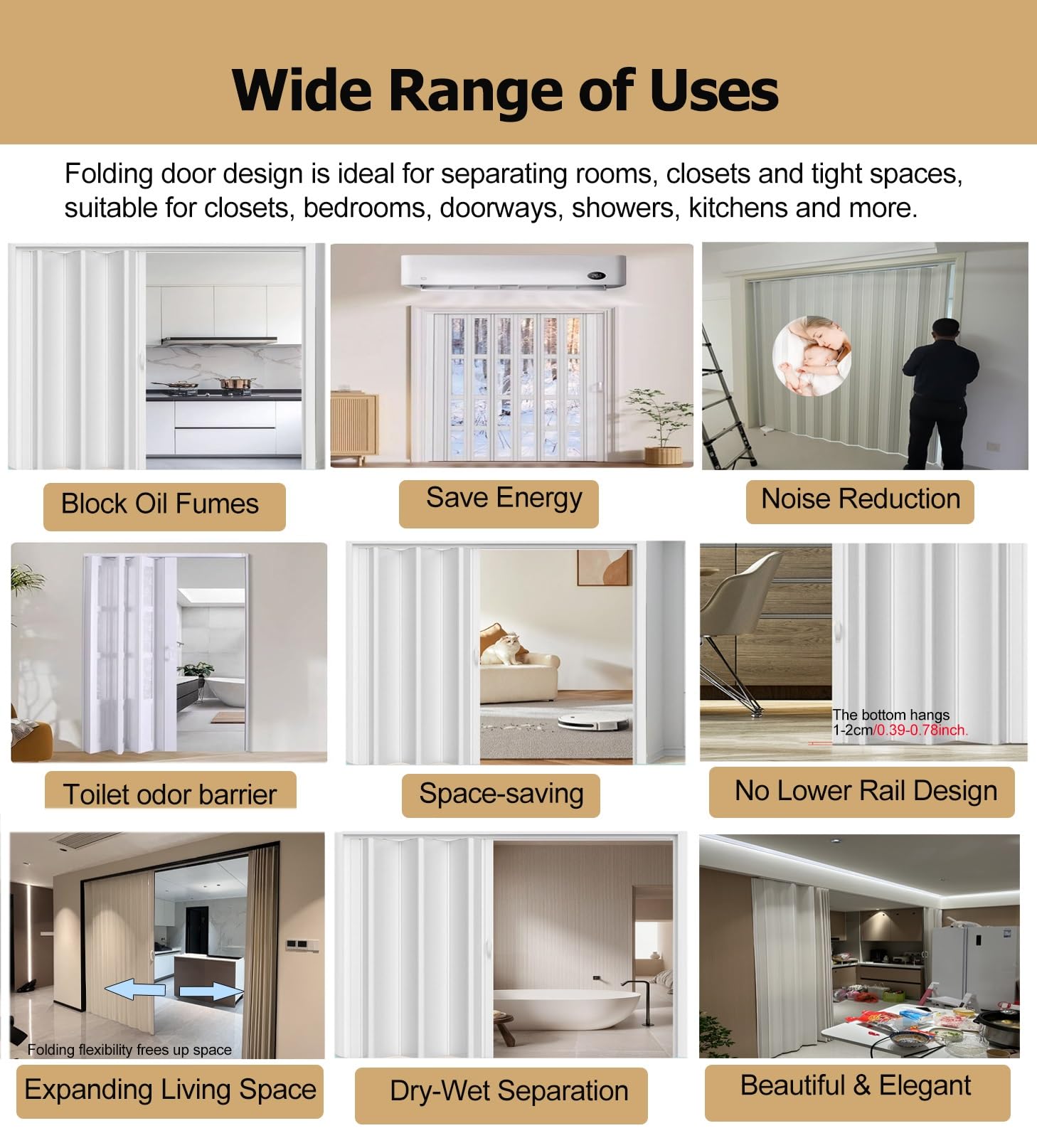 Porta pieghevole per interni dell'armadio, fisarmonica multipla in PVC marrone con vetro acrilico e accessori di installazione, per ufficio, hotel, ristorante, cucina (99 x 203 cm)