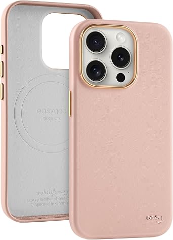 EasyAcc for iPhone 15 Pro Max Leather Case, [Compatible with Magsafe], Luxurious Vegan Leather Magnetic Phone Case, Protective Slim Case with Metal Buttons & Camera Bezel, Anti-Scratch Phone Cover