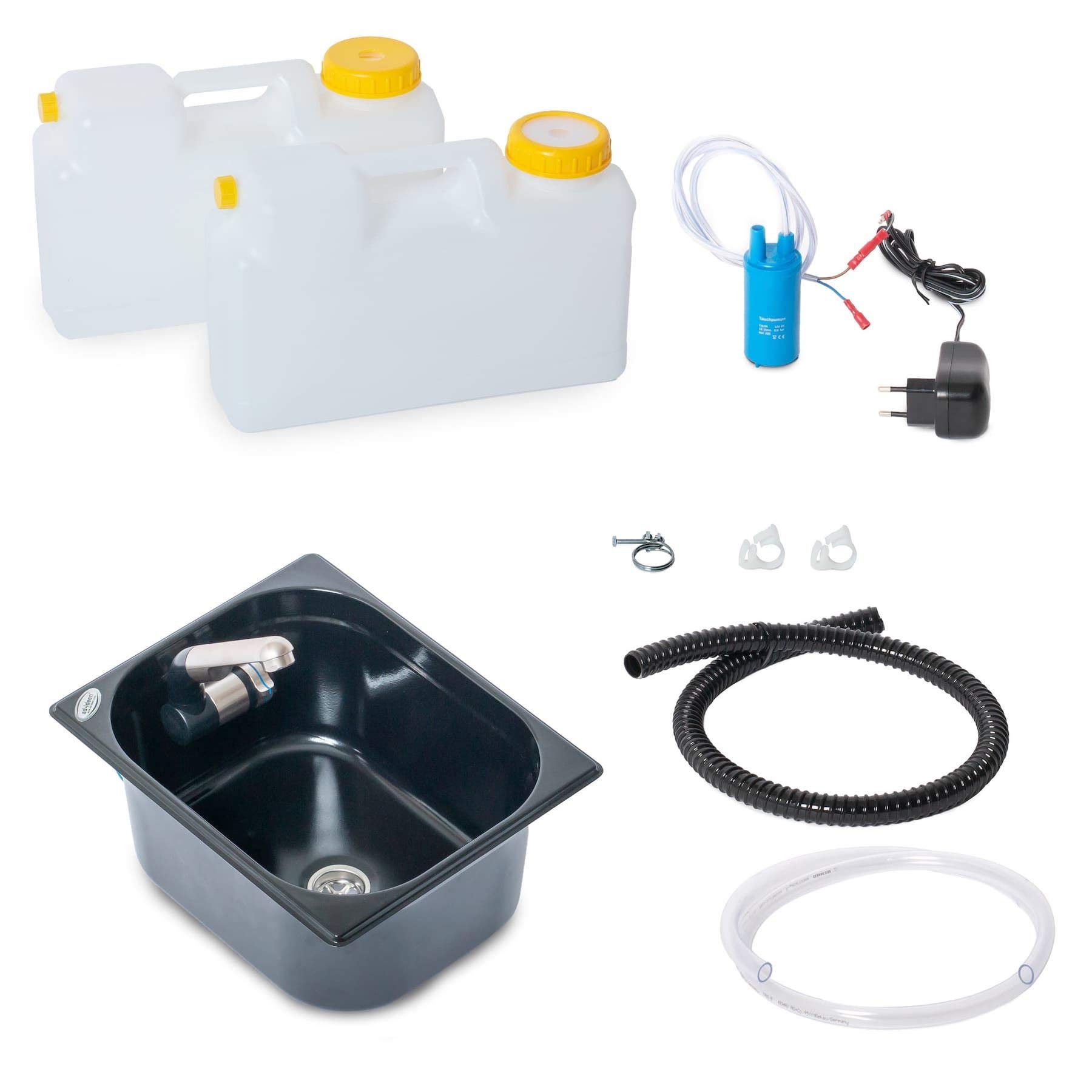 Wasseranlage Imbisswagen Verkaufsanhänger Campingküche 230v Bausatz Spüle Dunkel 325x265x150 Integrierten Wasserhahn Barwig Raumsparkanister (ad-ideen)