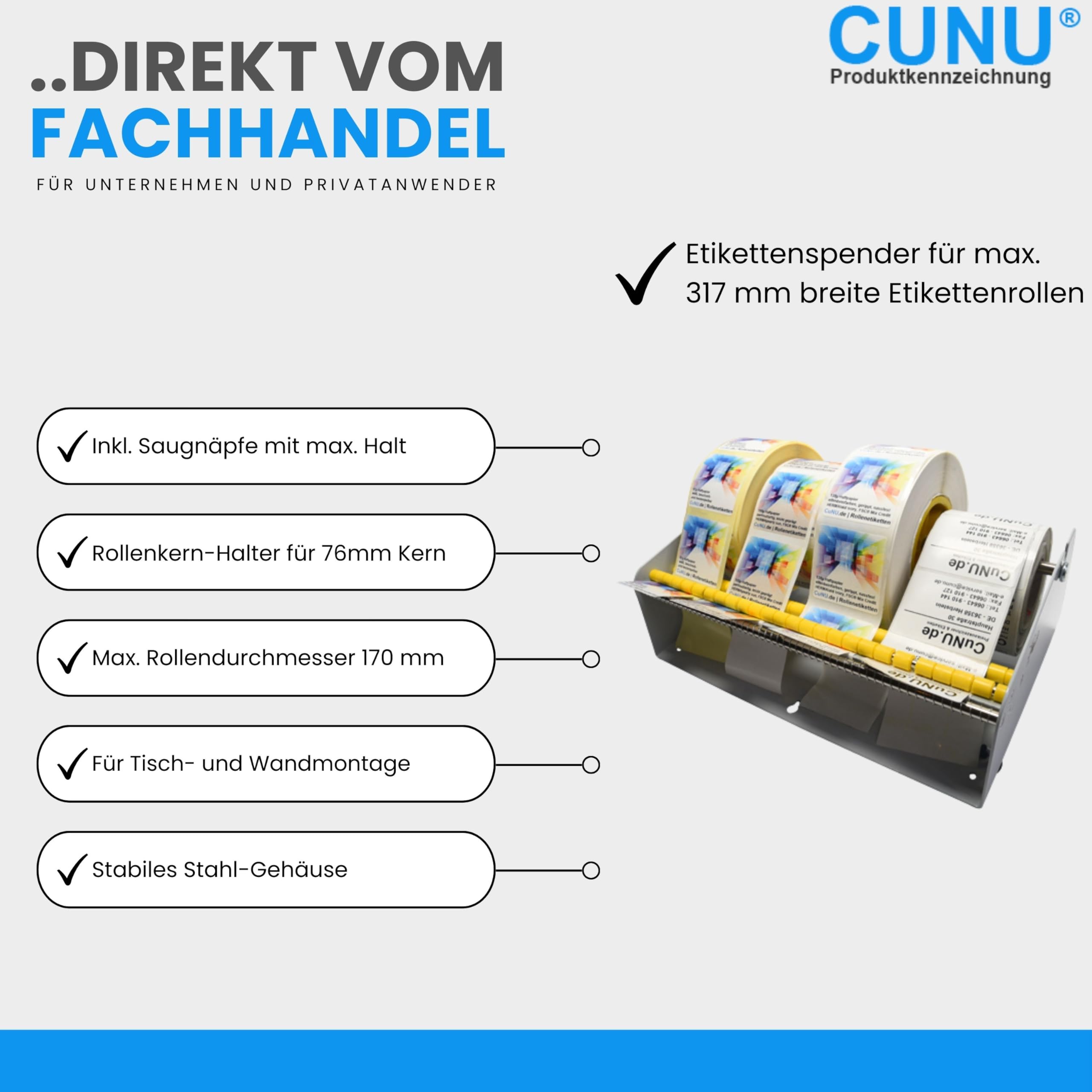 Etikettenspender manuell für max. 317mm breite oder mehrere Etikettenrollen - Großer Etikettenrollenspender für Etiketten, Label, Rollenetiketten, Haftetiketten, Klebepunktetiketten