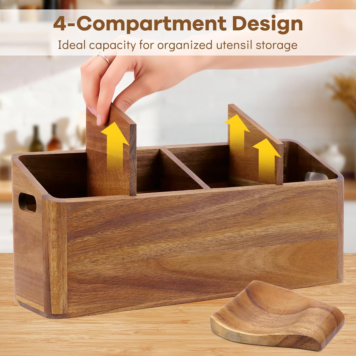 Wooden Kitchen Utensil Holder for Kitchen Counter, Large Utensil Organizer with Spoon Rest Cooking Utensil Holder with 4 Compartment for Countertop Spoon Holder Crock Farmhouse Kitchen Decor