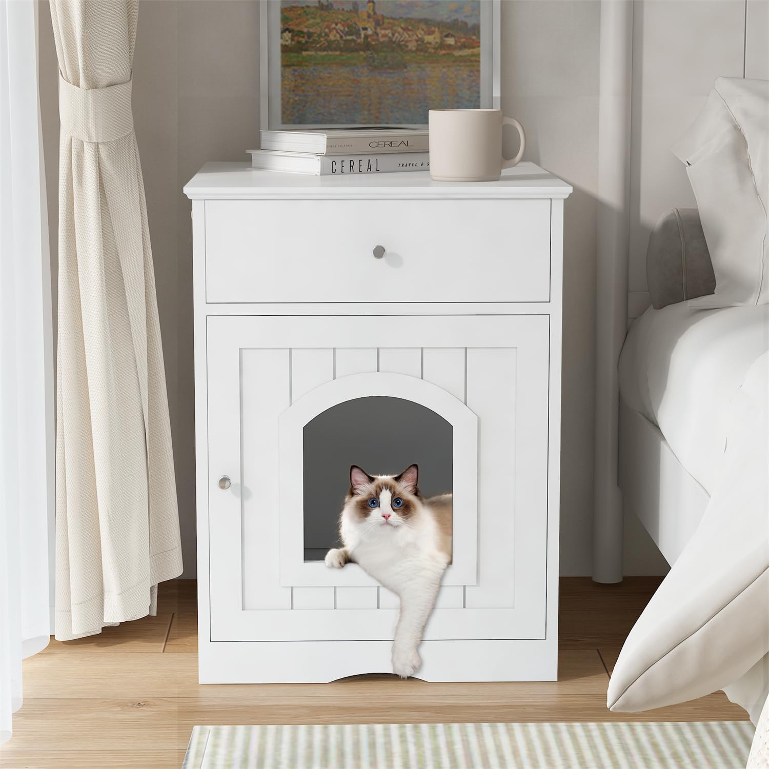ZeHuoGe Wooden Pet House Cat Litter Box Enclosure with Drawer, Sofa Side Table, Indoor Pet Crate, Cat Home Nightstand,Cat Hideaway Cave,Cat House for Indoor Cats Condo (White)