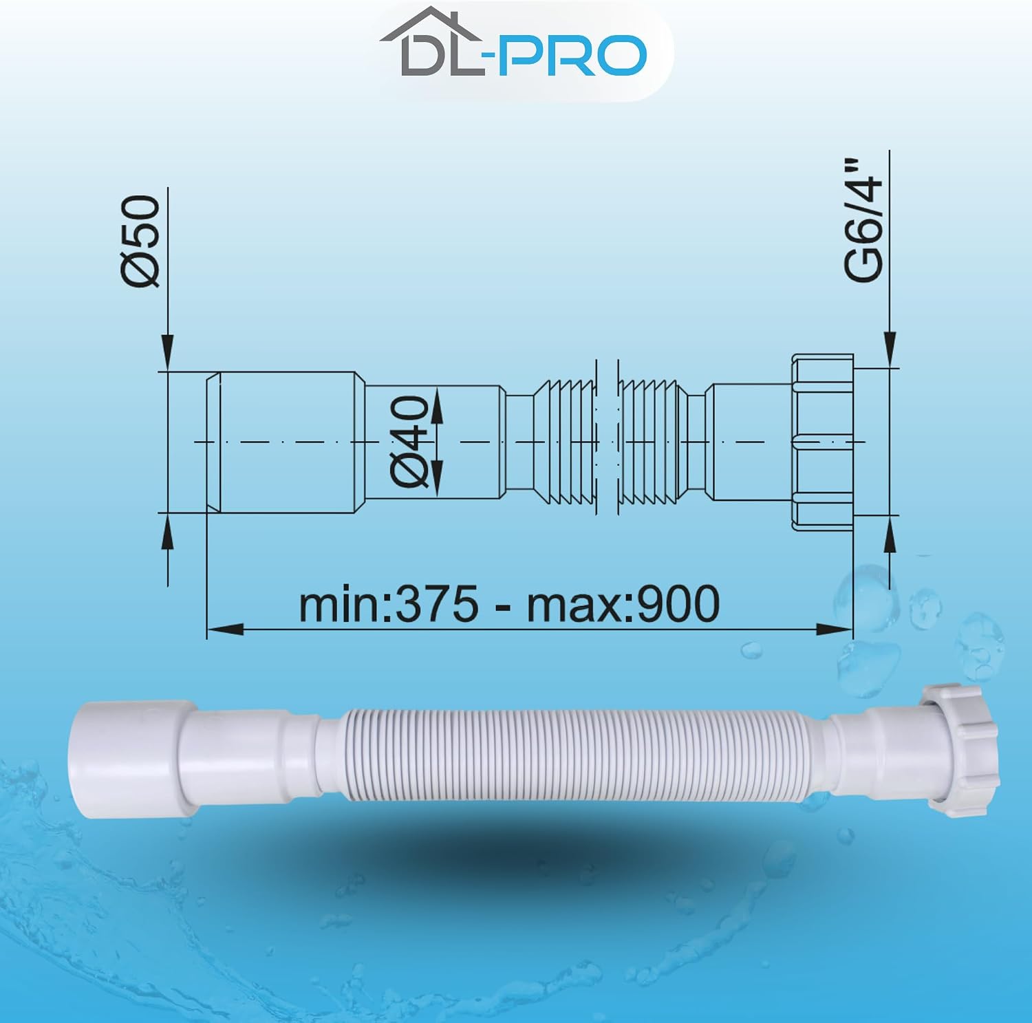 Technical drawing of DL-pro Flexible Siphon with dimensions