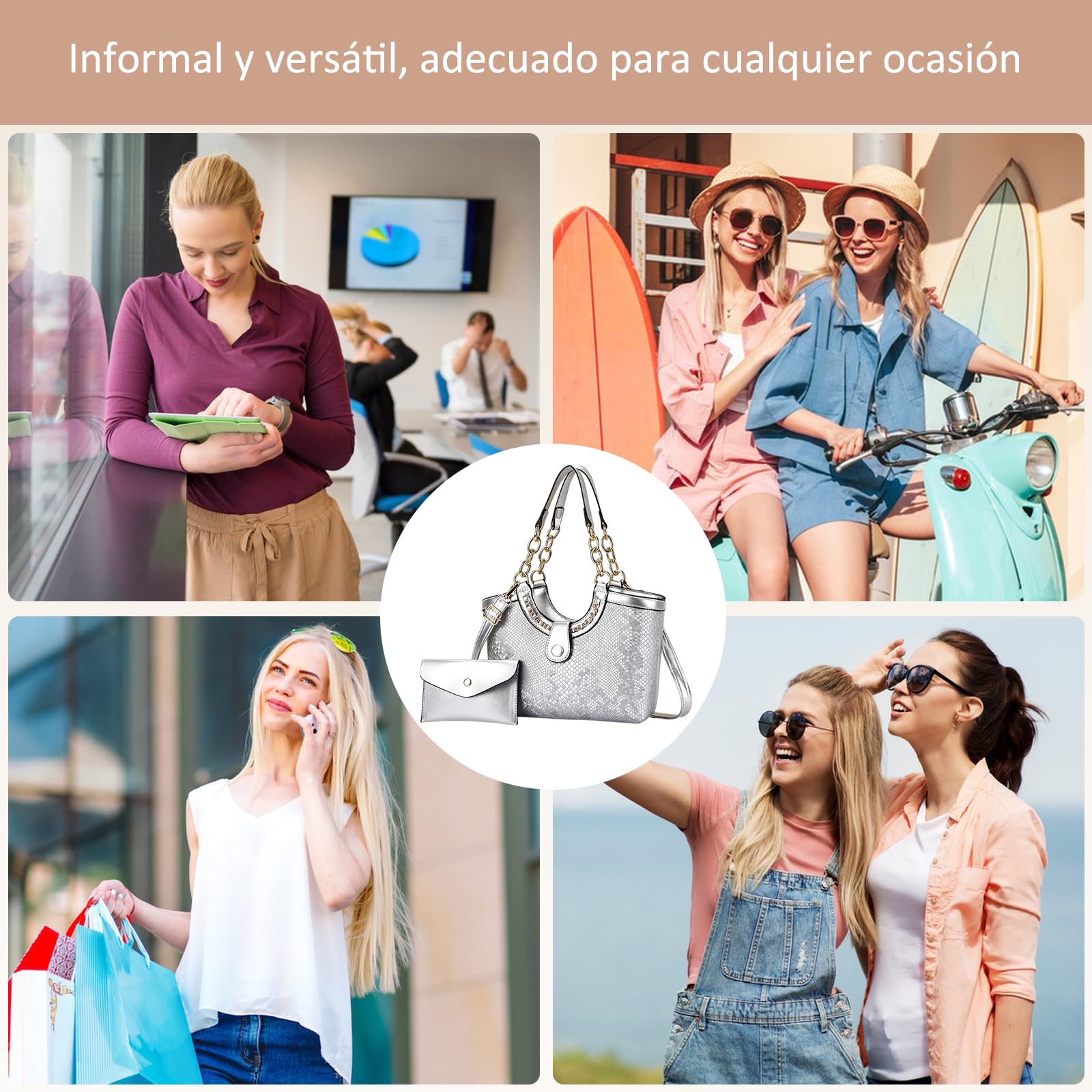 NICOLE & DORIS Bolso Shopper Mujer Bolso de Mano con Monedero Bolso Bandolera Grande Cuero PU Bolso de Hombro para Viajes Compras Trabajo Plateado