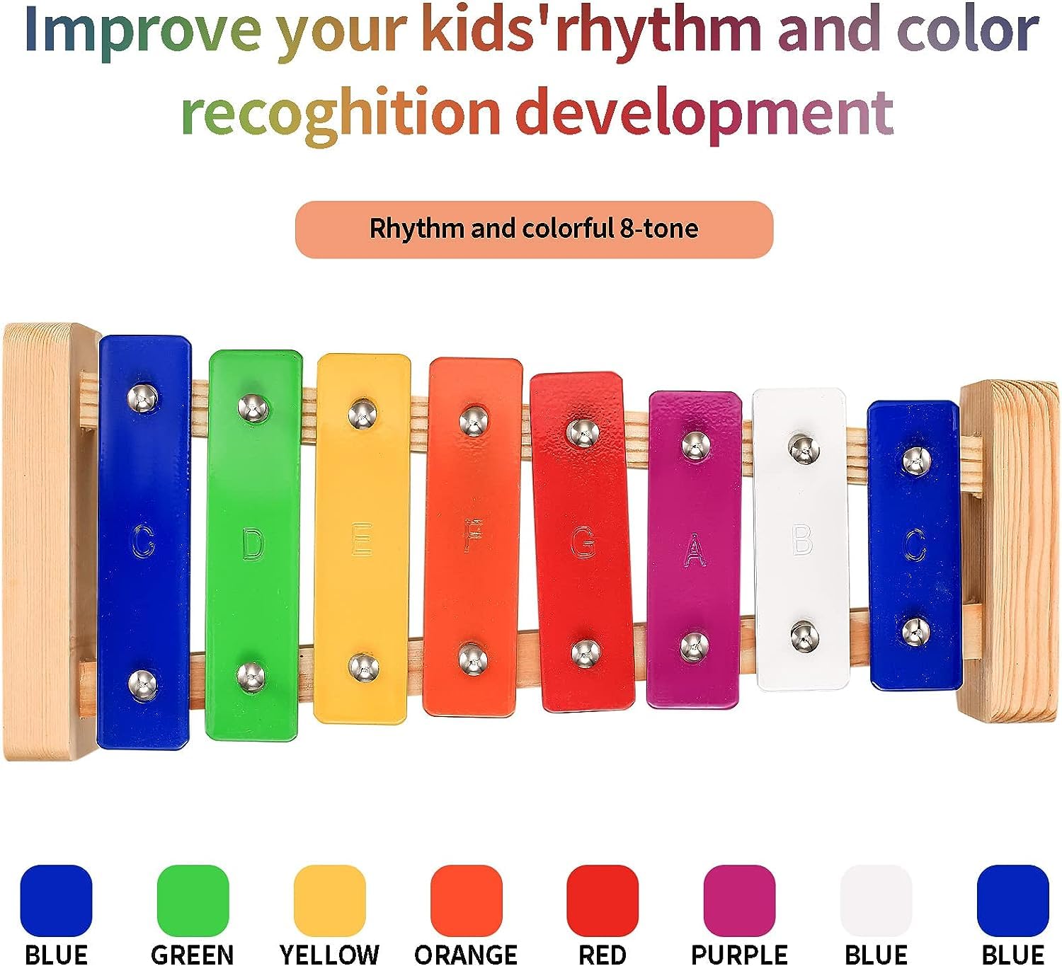 Xilofono Legno Per Bambini | 8 Note Con 2 Bacchette | Strumento Musicale Educativo | Giocattolo Ritmico - Foto 8