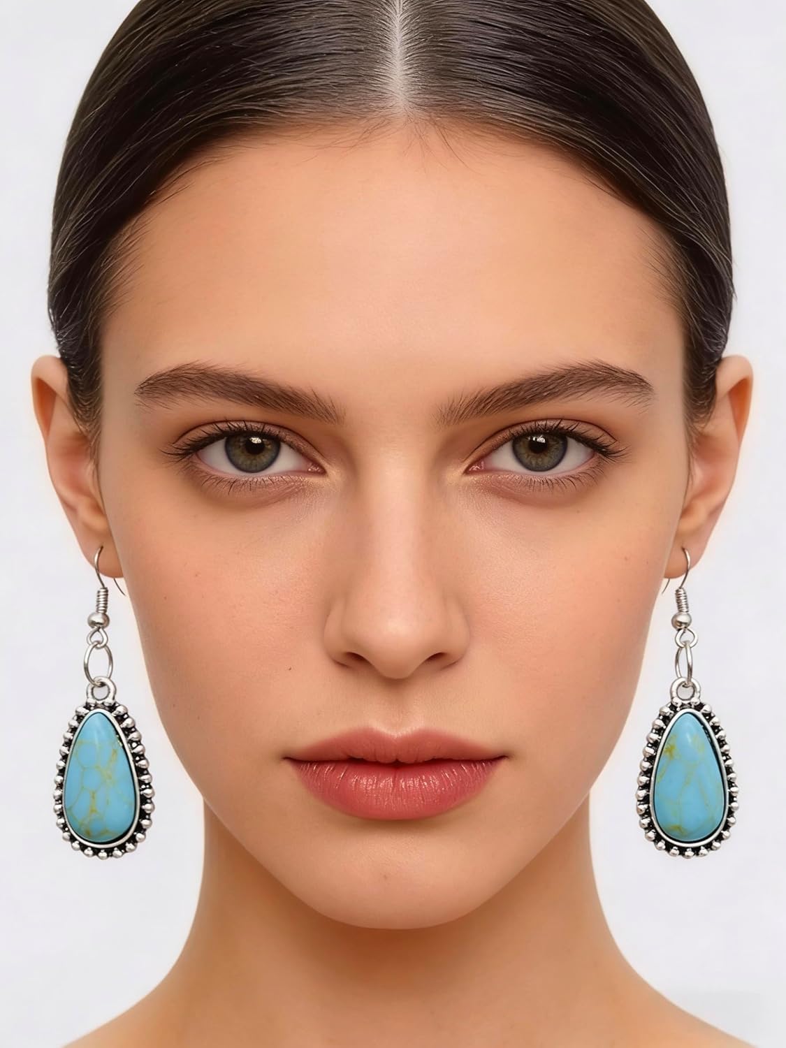 Turquoise Drop Dangle Earrings for Women,Silver Boho Teardrop Earring Hook Nature Stone Vintage Dainty Earrings Trendy Jewelry Gifts for Women - Image 2