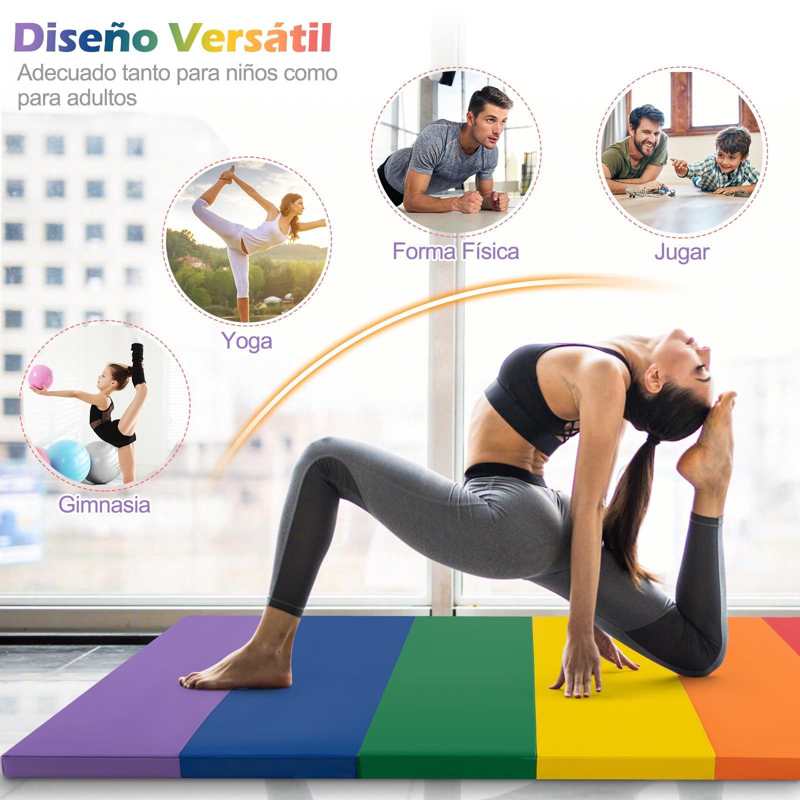 COSTWAY Colchoneta de Gimnasia Plegable de 200 x 75 x 3 cm, Esterilla de Gimnasia lmpermeable de 5 Paneles de PU, Estera de Ejercicio con Asas de Transporte para Gimnasio y Casa