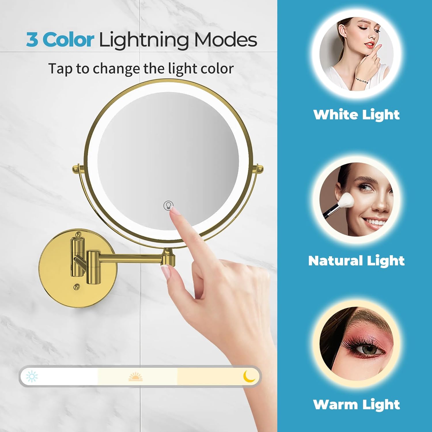 Fab Glass and Mirror Lighted Vanity Wall Mirror 1X/10X Magnifying, 8" Rechargeable 2000mAh Wall Mounted Makeup with 3 Color LED, Double-Sided Bathroom Wall Mirror Touch Dimmable 360 Rotation Gold