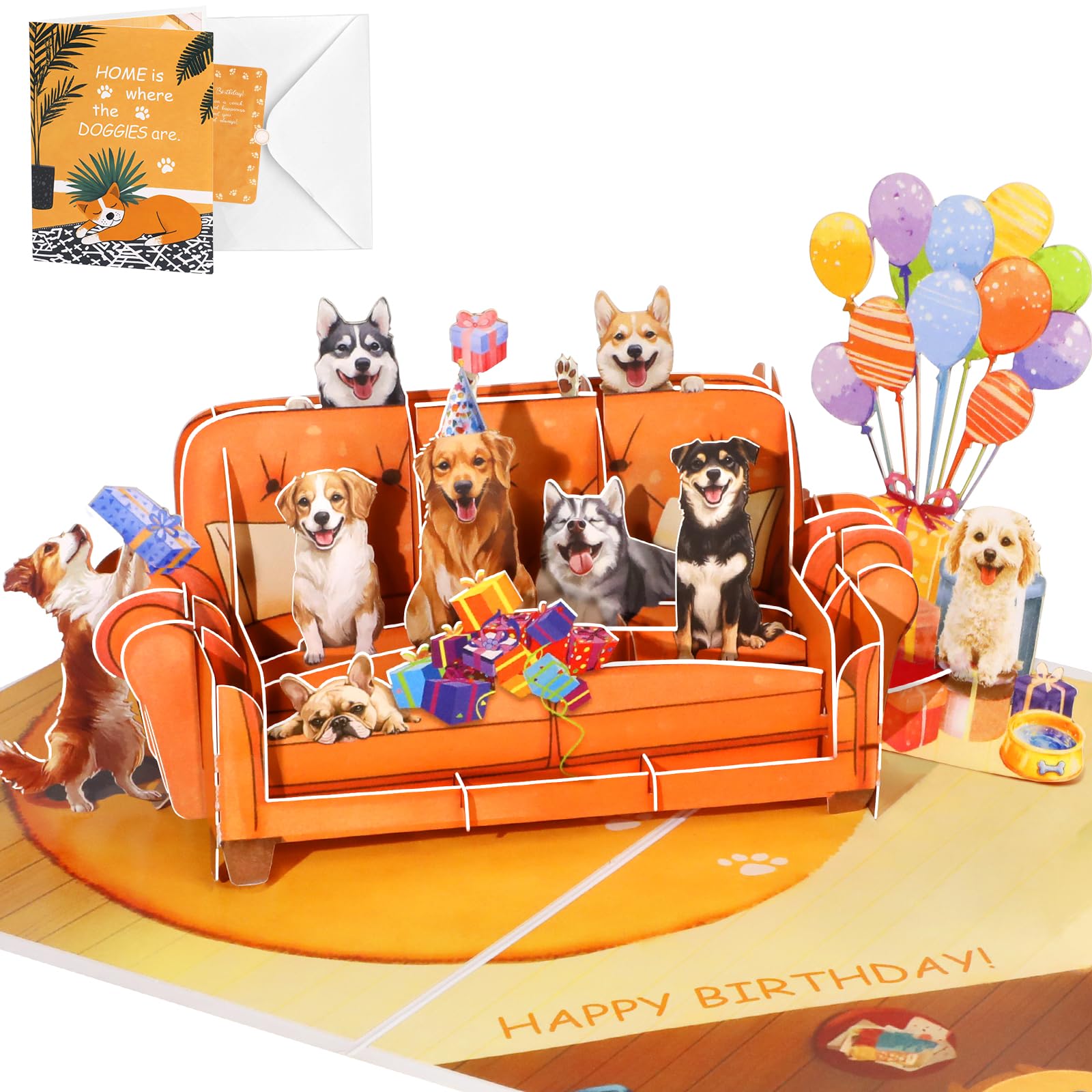 Tarjeta de cumpleaños 3D desplegable para adultos y niños con sobres, tarjetas de felicitación coloridas únicas, sofá perro