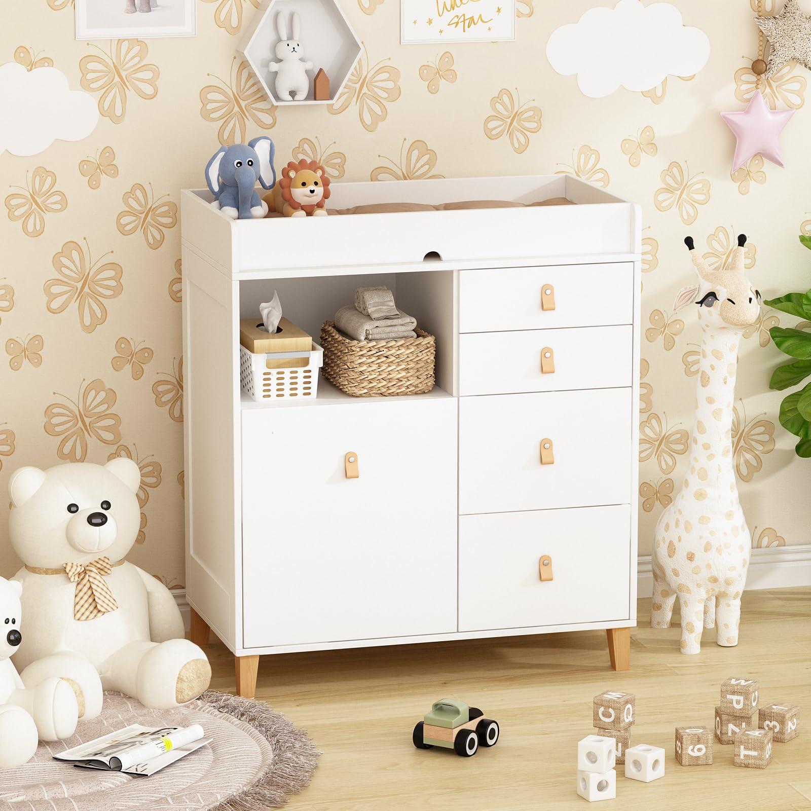 Cómoda cambiador con cambiador, mesa cambiador, cómoda con 5 cajones, con protección antivuelco, cambiador, cambiador con 5 cajones, estante cambiador con muchos cajones, MDF, blanco, 116 cm x 46 cm x