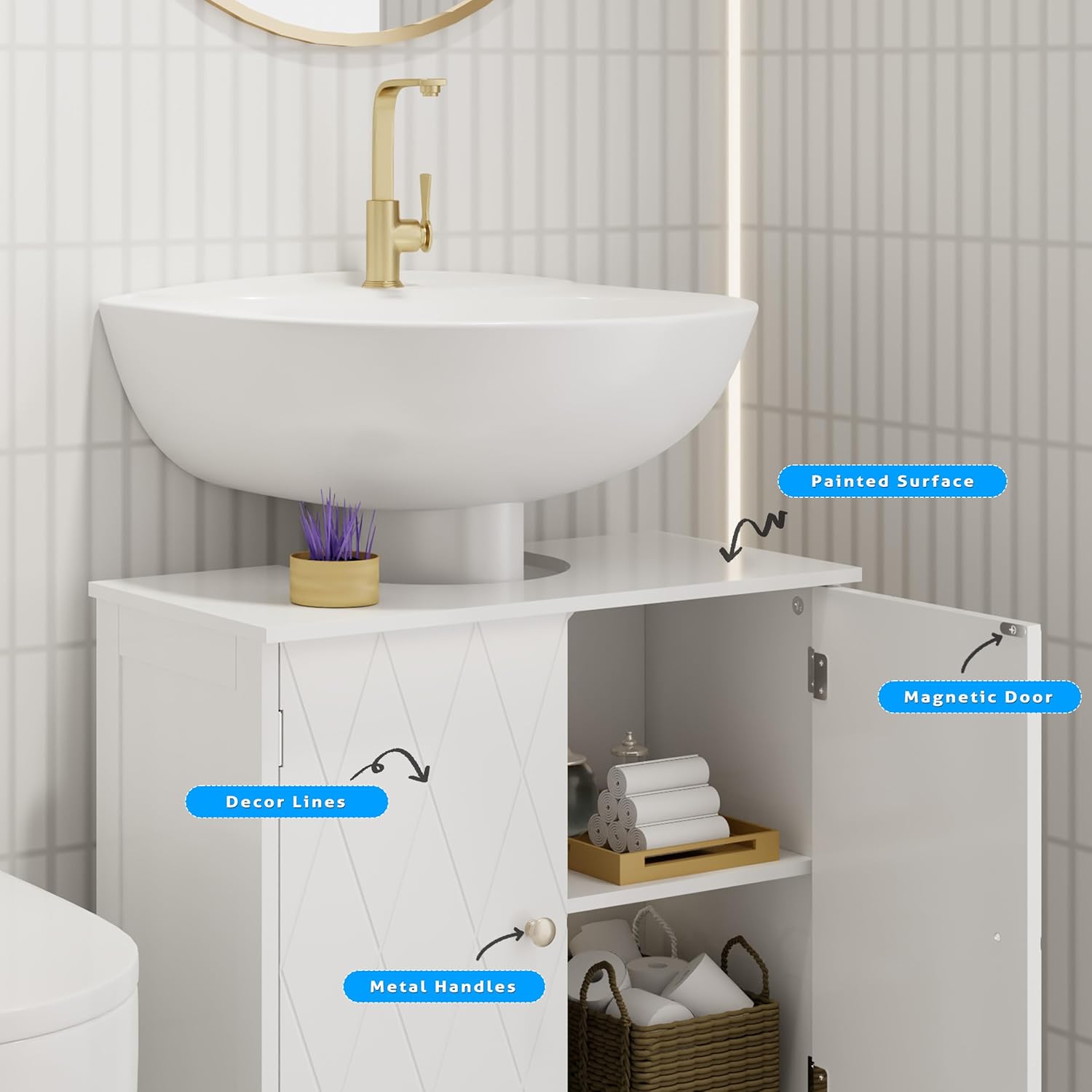 eclife Bathroom Pedestal Sink Storage Cabinet with Modern Linear Design, Small Under Sink Bathroom Vanity with U-Shape Cut-Out, Space Saver, White