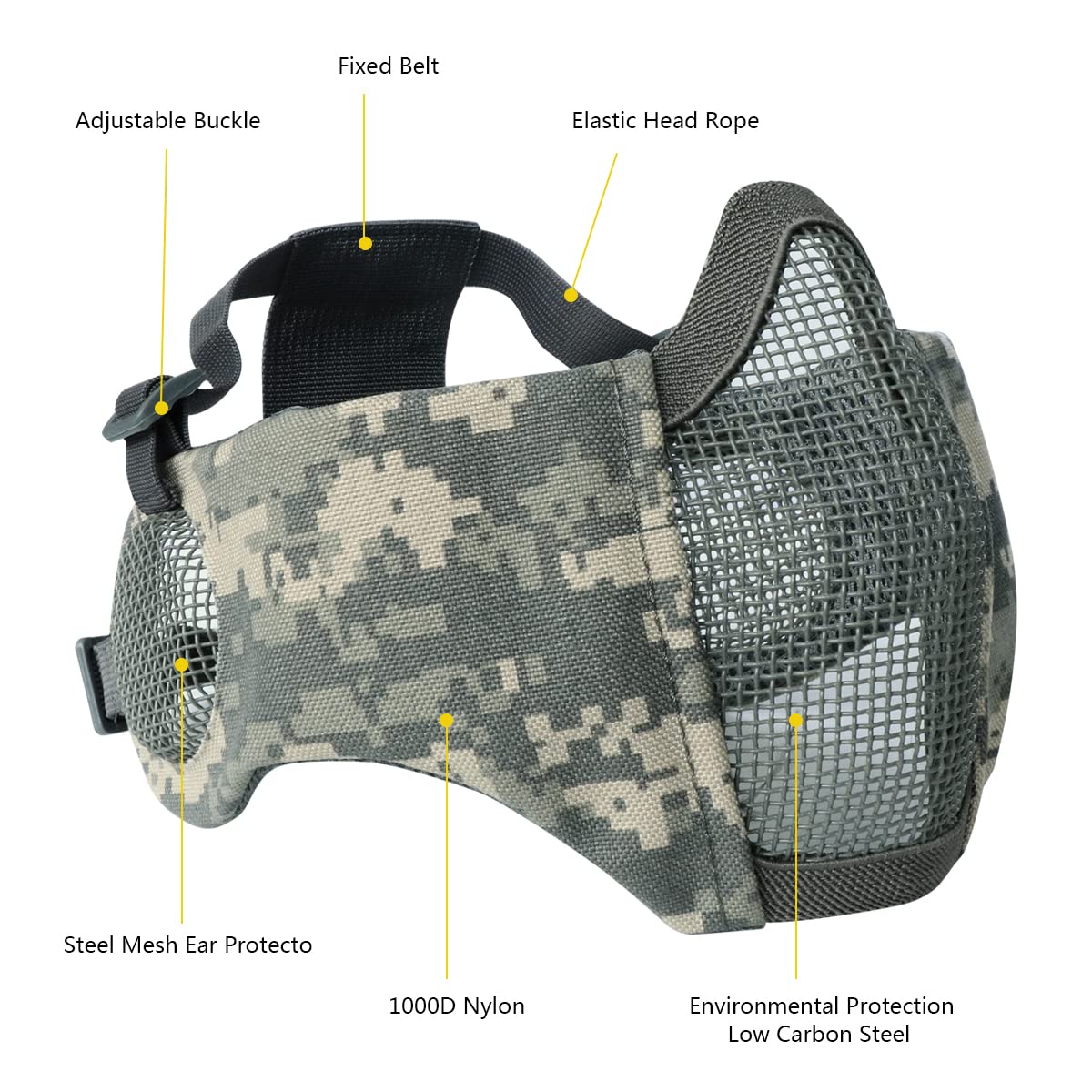 Airsoft - Juego de máscara de media cara y sombrero, máscara de malla de acero con protección para los oídos y gorra de béisbol, máscara protectora táctica para juegos CS, pistola BB, paintball, caza, tiro