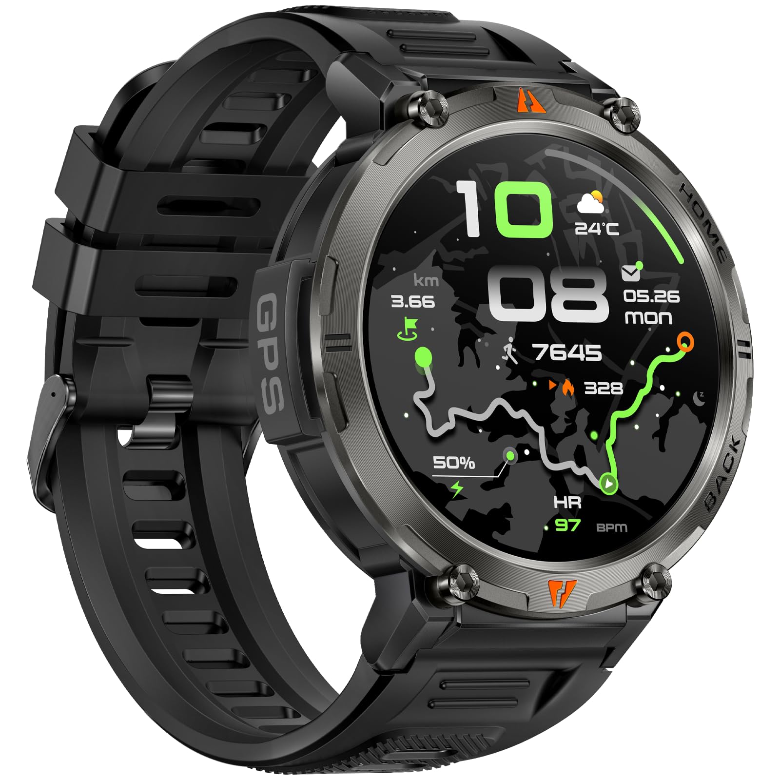 Foxhawk Smart Watch militare con localizzatore GPS, 1,44 pollici HD robusto Smart Watch con torcia a LED bussola, 3ATM impermeabile Smartwatch tattico per iOS Android, orologio fitness da uomo