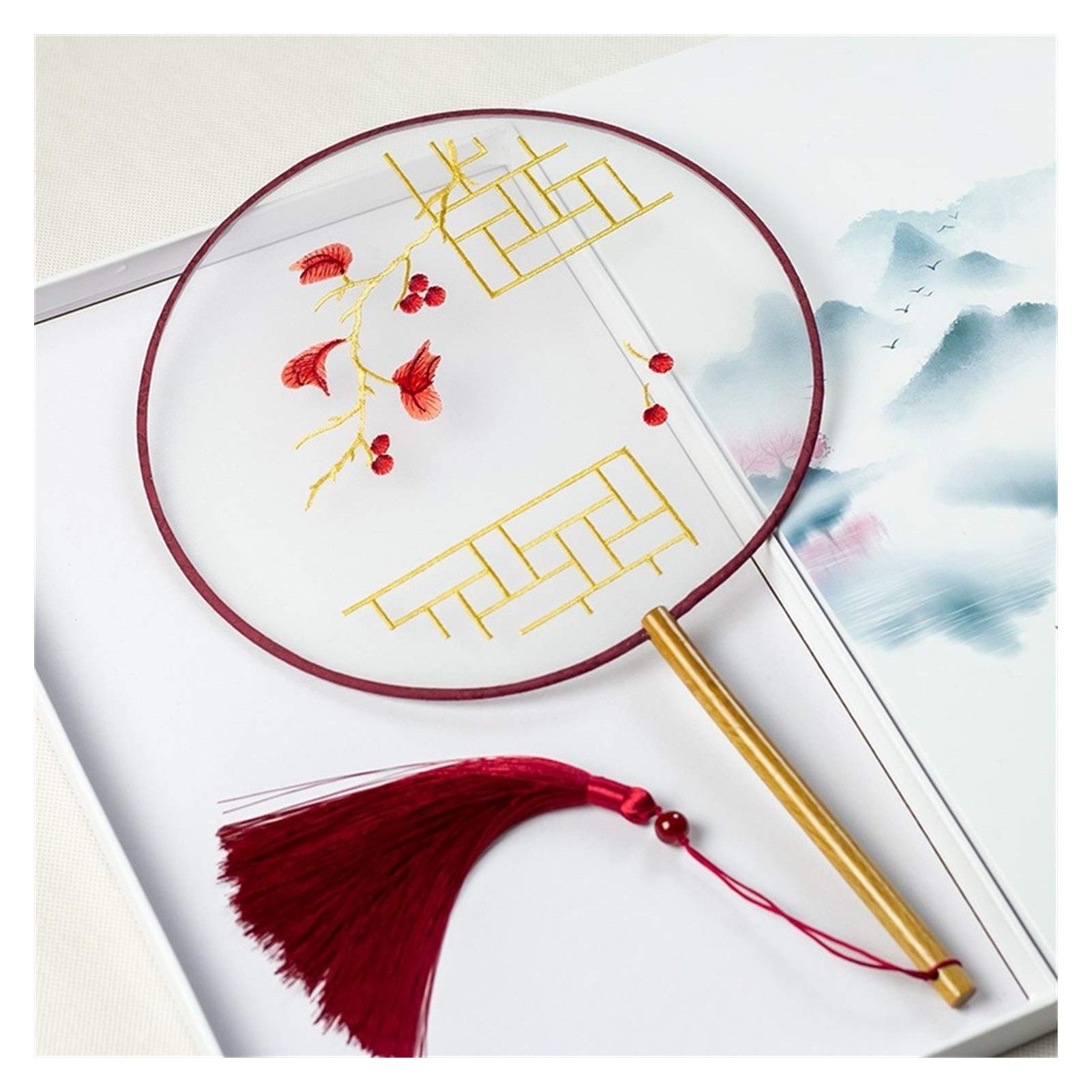 Amazon.co.jp: 丸いシルク刺繍扇子 シルク刺繍のファン、両面