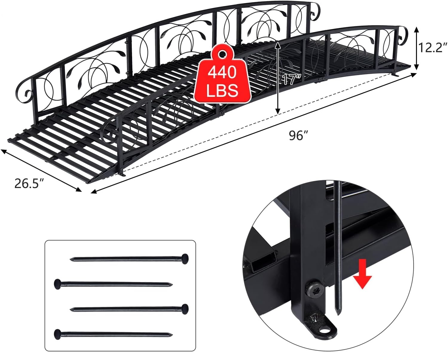 KINTNESS 8 FT Garden Bridges for Outdoors - Metal Arch Backyard Garden Bridge with 440 lbs, Outdoor Footbridge with Safety Guardrails, Decorative Garden Bridge for Pond, Yard, Creek, Stream
