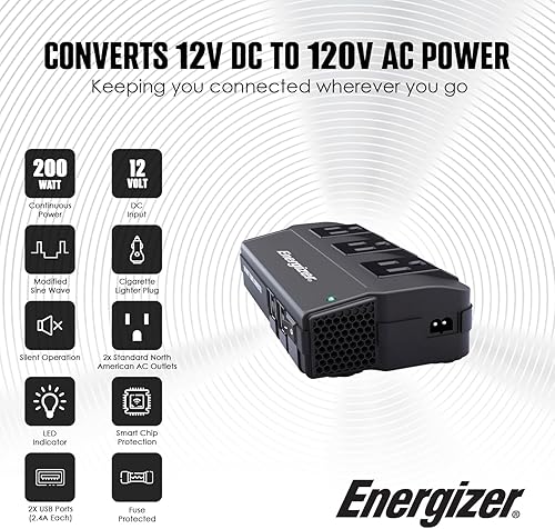 Miniatura 3 de Energizer Inversor de corriente de 200 W, inversor de onda sinusoidal modificada para automóvil de 12 V a 110 V CC a CA con enchufe para encendedor