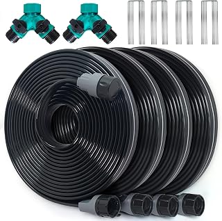 Apgooface Flat Soaker Hose 100ft with Holes - 4x25ft Drip Irrigation Kit, Staples & Splitters for Lawn, Garden, Vegetable Beds