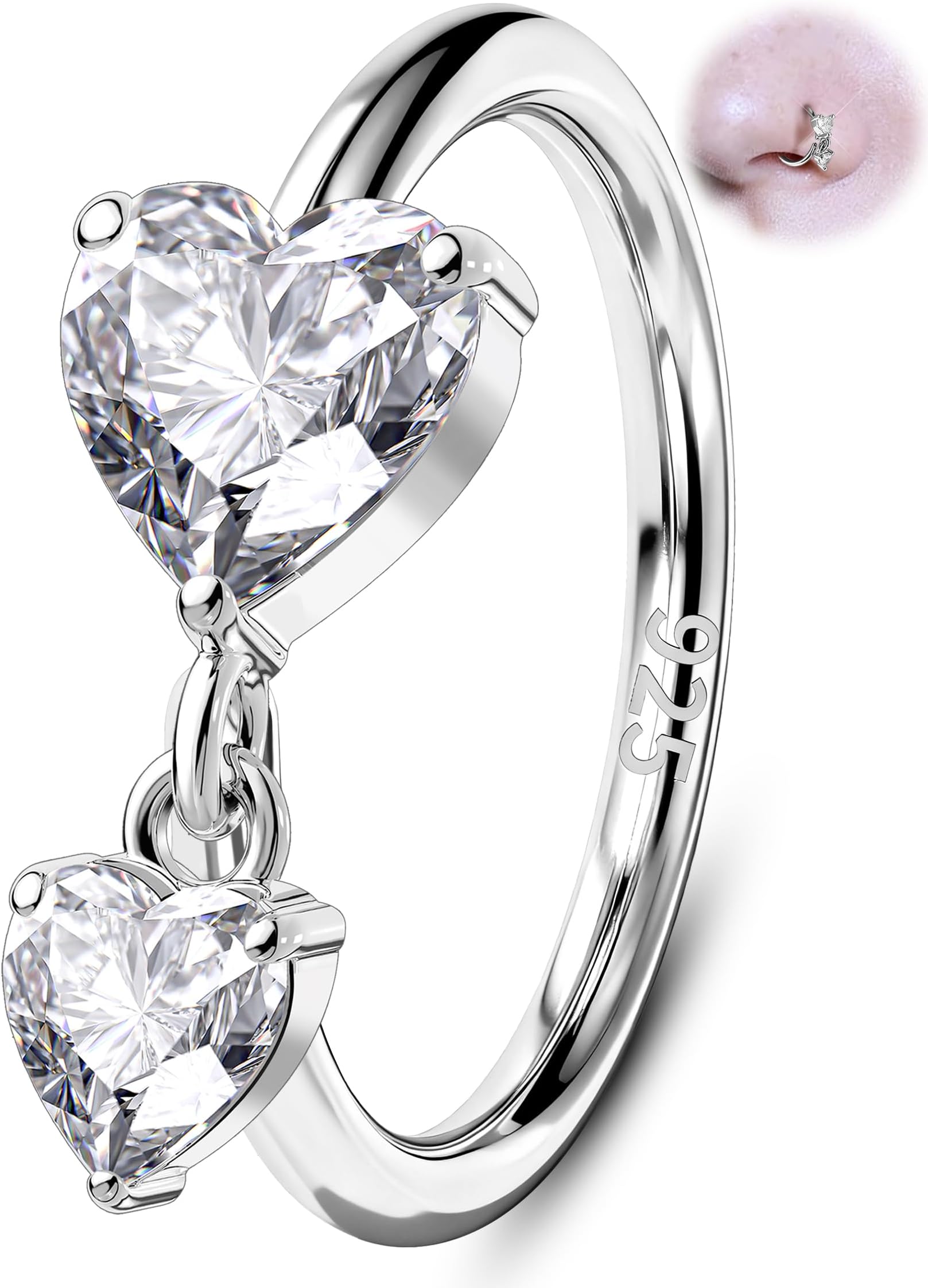 Nose Ring 925 Sterling Silver Nose Stud Hoop Double-Heart 20G Nostril Piercing Jewellery 8mm Clear CZ Dangly Nostril Piercing Jewelry for Women
