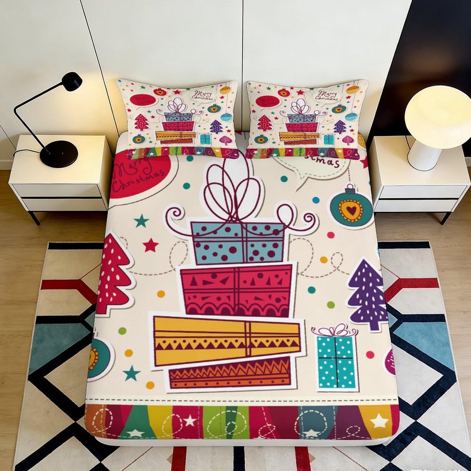 3D Printed Box Fitted Sheet Microfiber Colorful Festive Tree Mattress Cover for Bedroom Guest Room 90x200x25cm