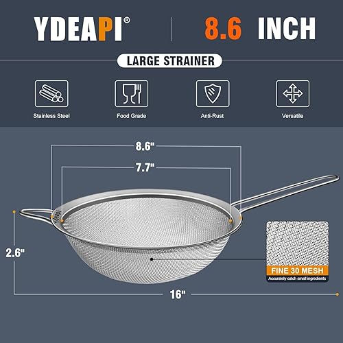 Miniatura 3 de Ydeapi Colador de malla fina grande de 9 pulgadas con asa, coladores de alimentos de metal para cocina, tamiz de malla fina de acero inoxidable para