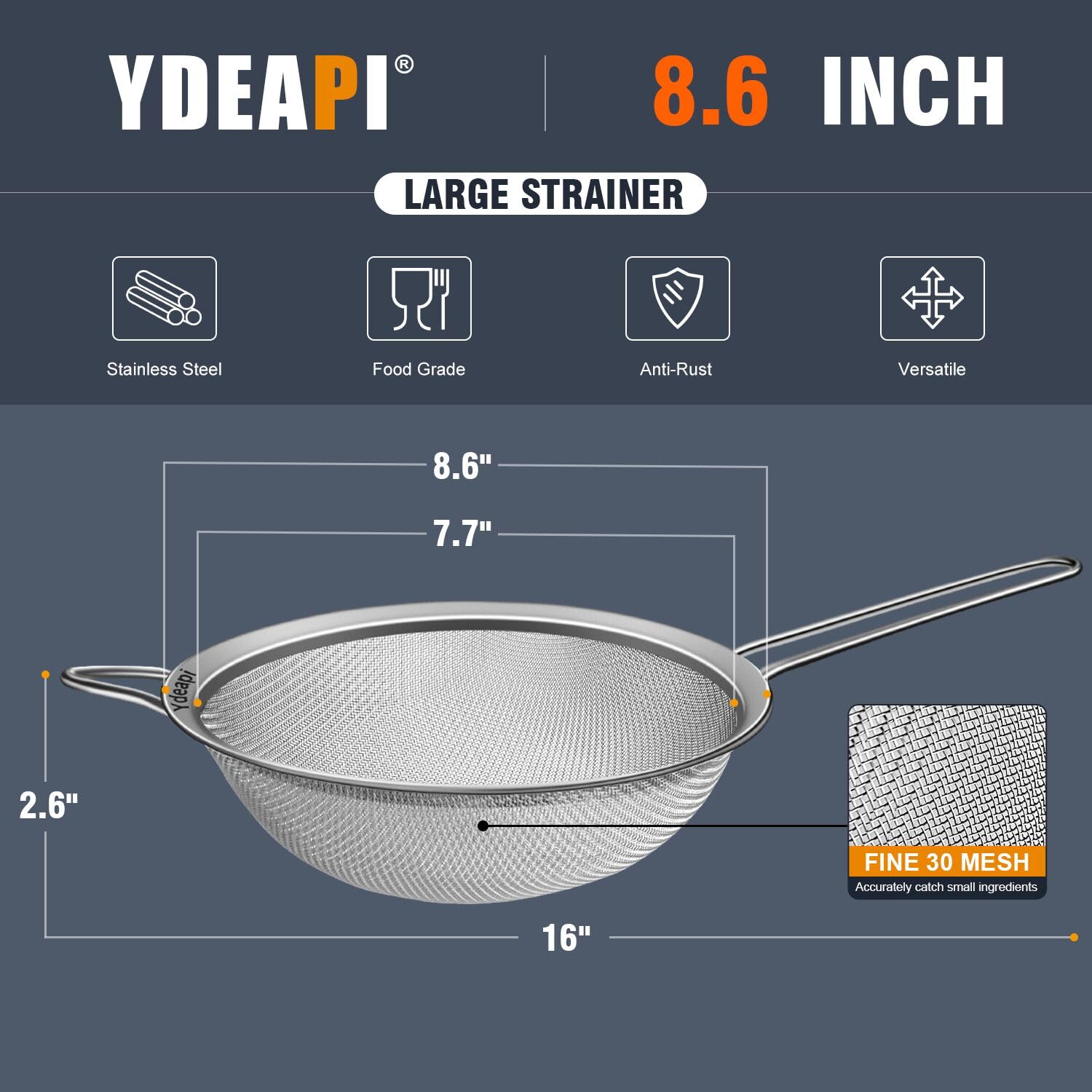 Ydeapi Colador de malla fina grande de 9 pulgadas con asa, coladores de alimentos de metal para cocina, tamiz de malla fina de acero inoxidable para arroz, quinoa, pasta, fideos