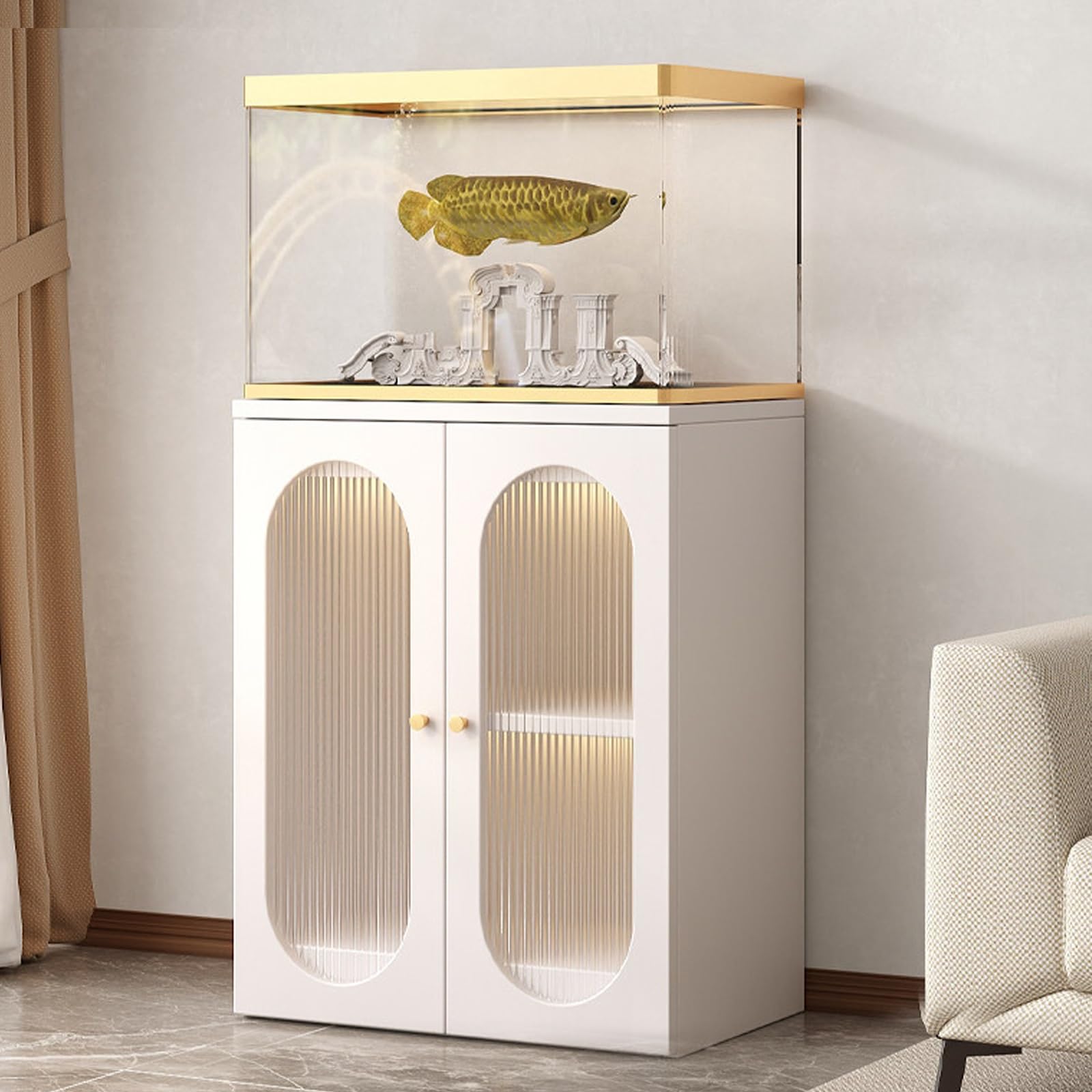 Szafka pod Akwarium z Panelami o Grubości 16 mm, z Otworami na Przewody z Tyłu, Drzwiczkami z Hartowanego Szkła, Stojak na Terrarium dla Gadów(White,80*45*75CM)