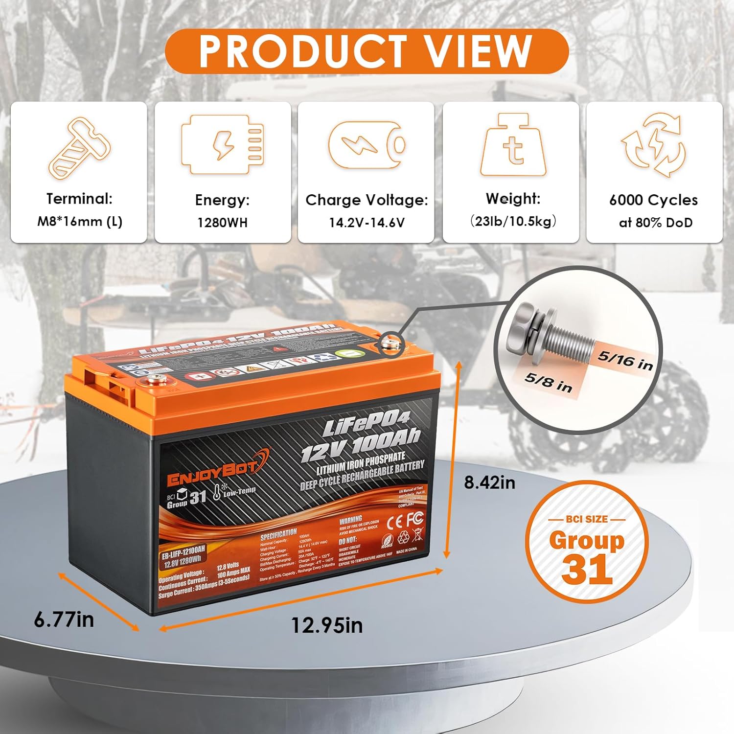 Enjoybot 12V 100Ah LiFePO4 Lithium Battery, 100A BMS Deep Cycle Battery with Low Temp Cut Off, Up to 6 in Series, Peak Current 350A for Golf Cart, RV, Trolling Motor, Electric LSVs, UTVs, ATVs