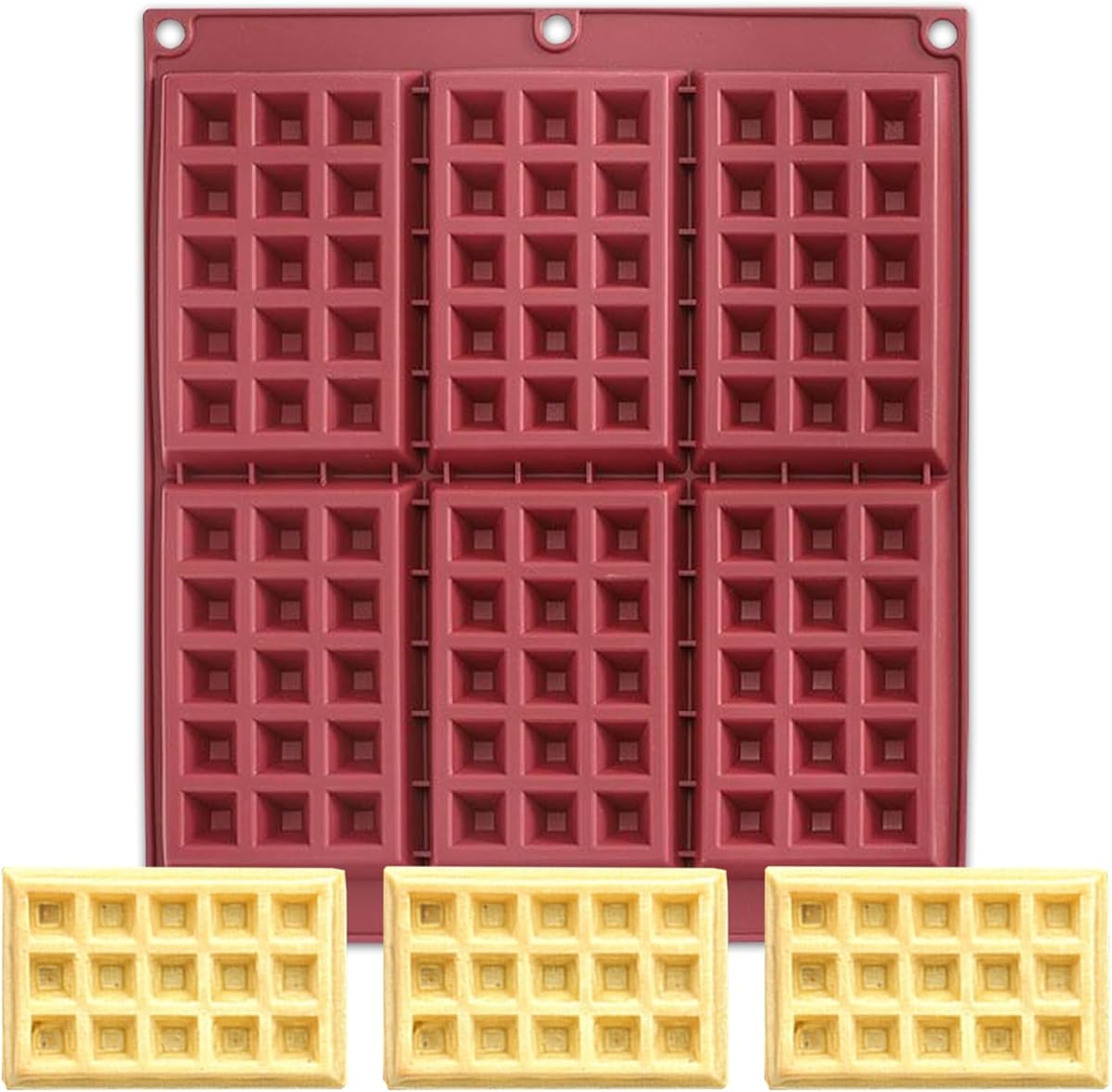 Waffle Silicone Baking Pan, 6-Cavity Nonstick Waffle Silicone Molds, BPA Free Silicone Tray for Cake Chocolate Candy Craft Soap, 11.5 x 9.8 x 0.6 inches, Red with 3-Hole for Hanging