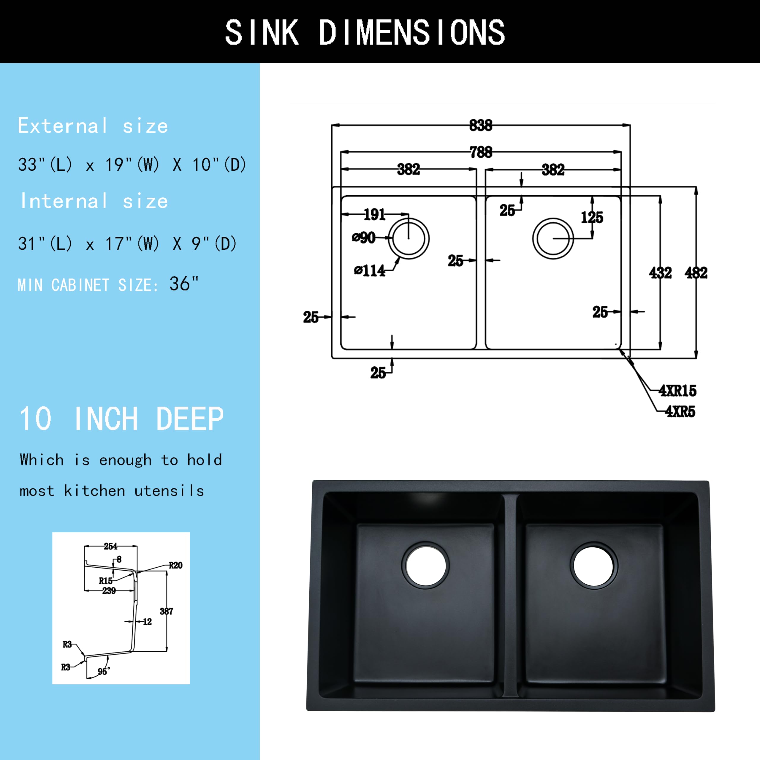 Undermount Black Sink 33x19 Inch Black Double Bowl Kitchen Sink - Stainless  Steel Drop In/Undermount Sink With Grid \u0026 Mat 33x19 Stainless Steel Kitchen  Sink With Grid And Mat, image size:2560x2560