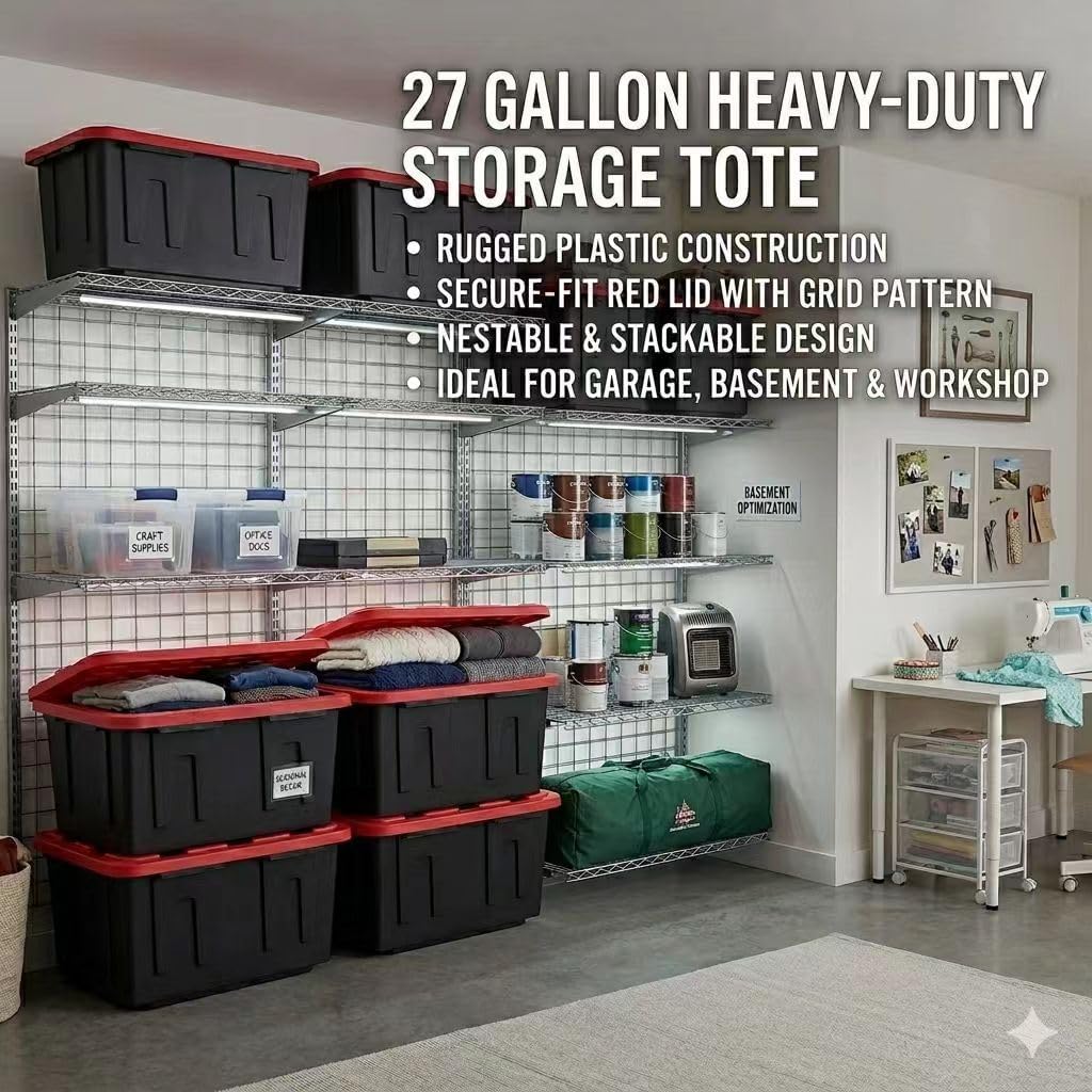 6 Pack 27 Gallon Storage Bins with Lids - Large Stackable Durable Plastic Totes for Home, Garage & Basement Organization - Heavy Duty Storage Solutions (Black & Red)