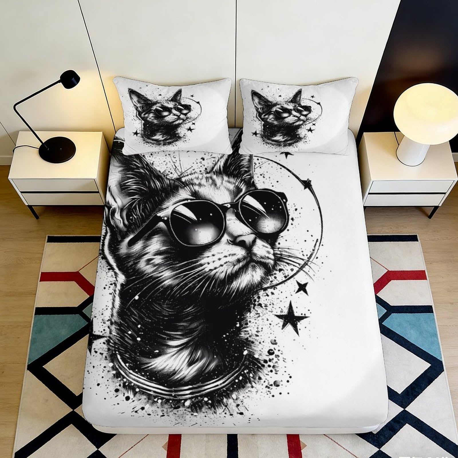 3D Printed Cool Cat 3D Fitted Sheet Microfiber Soft Breathable Sunglasses Cat Mattress Cover for Bedroom Dormitory Guest Room Protection Decor 140x200x25cm