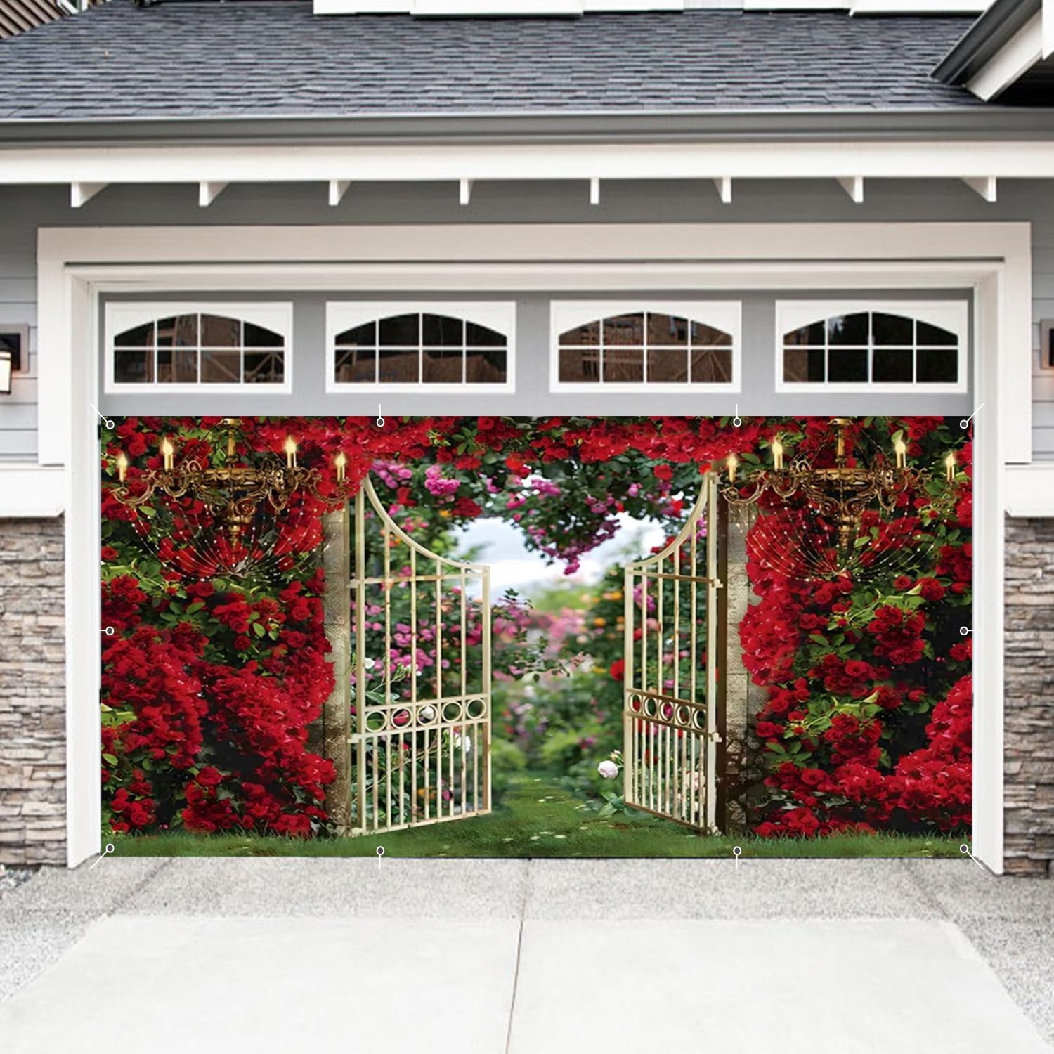 Red Rose Garden Garage Door Cover Banner Decorations Backdrop 7x16ft Large Spring Garden Fence Red Rose Green Leaves Garage Door Cover Outdoor Birthday Party Wedding Baby Shower Garage Door Decor