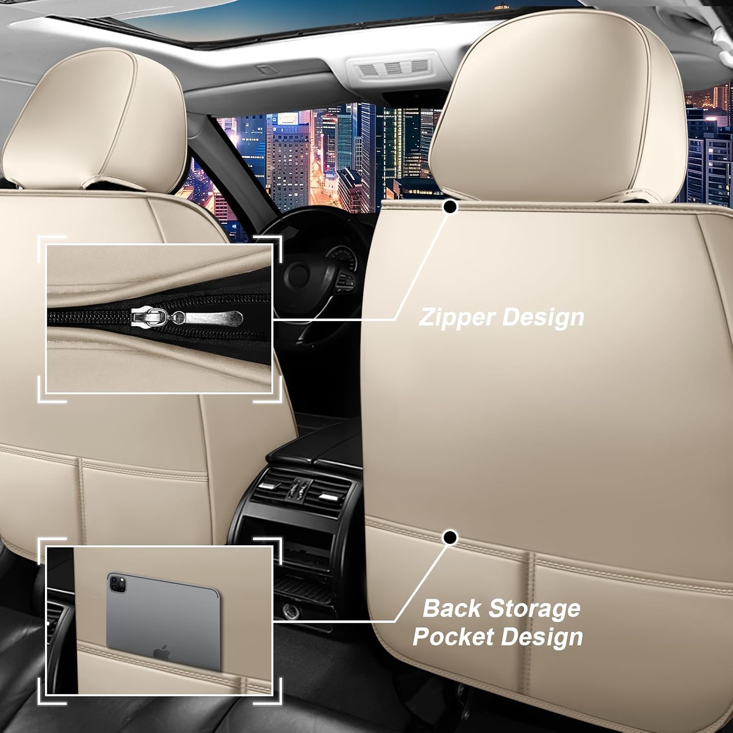 Car Seat Cover Full Set for Hyundai Sonata Seat Covers 2003-2025, Nappa Leather Waterproof Seat Covers for Cars, Airbag Compatible, Universal Automotive Seat Covers(Standard 5 Seats/Beige)