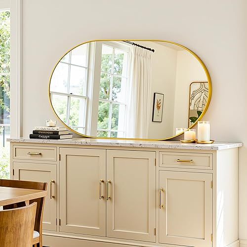 Miniatura 4 de Antok Espejo ovalado dorado, 20 x 36 pulgadas, pared, tocador, espejo en forma de píldora para baño, sala de estar, dormitorio
