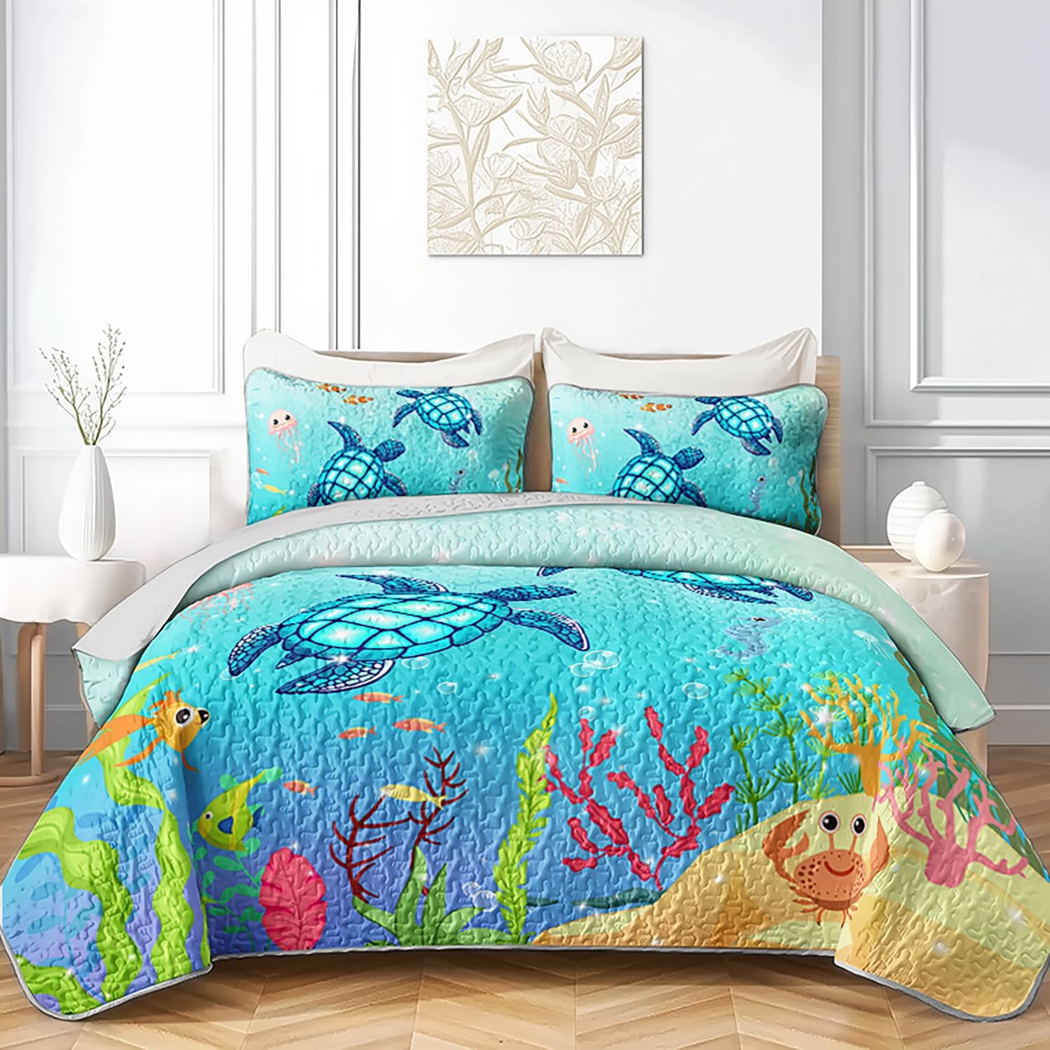 Coastal Turtle Quilts Bedding Set Full Size 3Pcs Ocean Watercolor Sea Turtle Quilt Bed Set Beach Nautical Sea Animal Reptile Bedspreads Coverlet with 2 Pillowcases for All Season Kids Room Decor