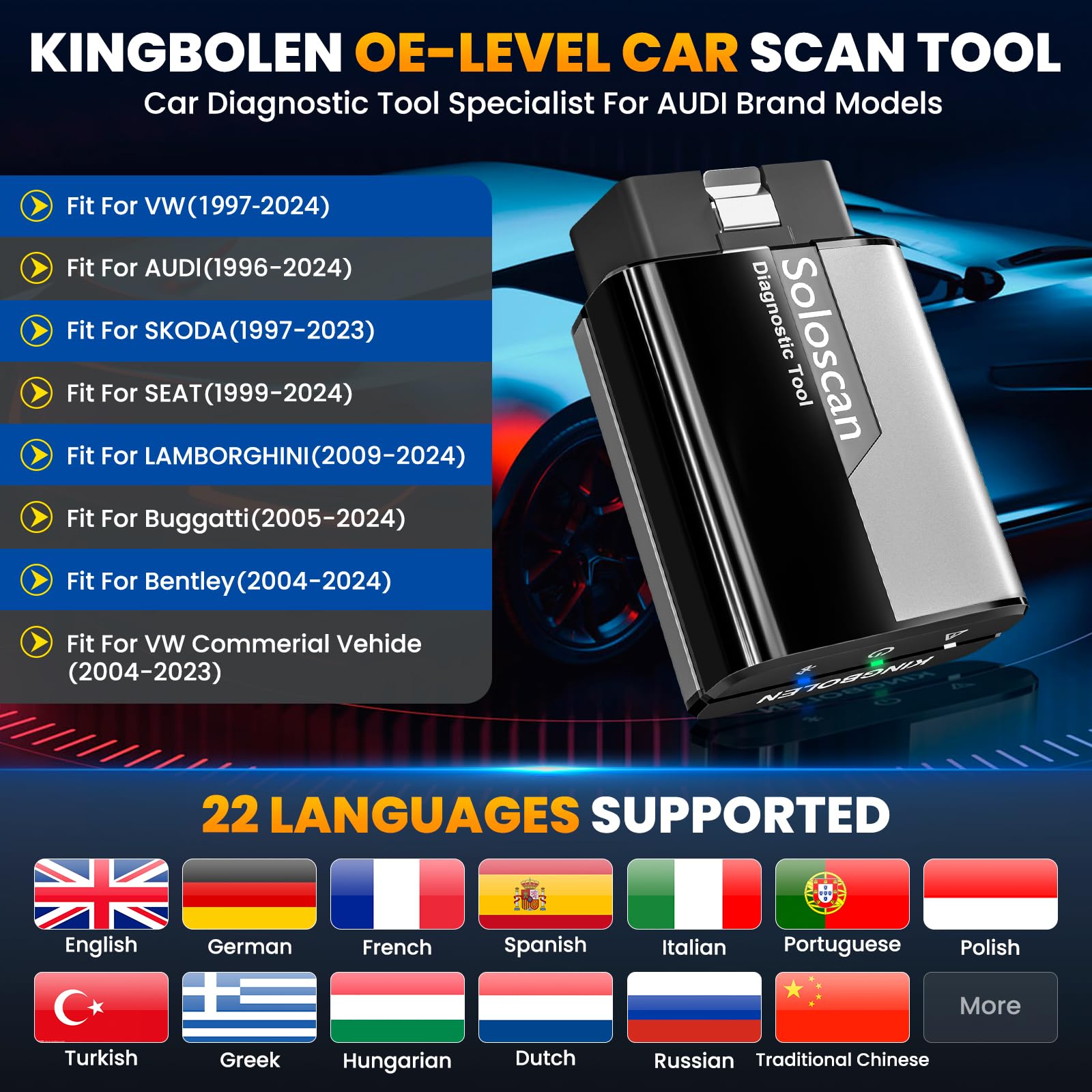 KINGBOLEN Soloscan OBD2 Diagnosis para Volkswagen/Audi/Skoda/Seat/Bentley/Bugatti/Lamborghini, Bluetooth Diagnosis Coche,Diagnóstico de Todos los Sistemas, 50+ Servicios, Actualizaciones gratuitas