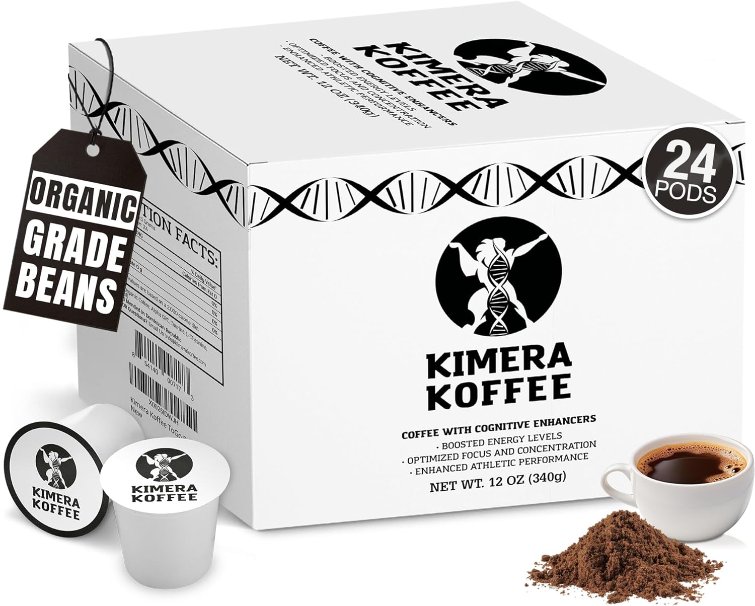 Kimera Koffee Original Blend – Organic Medium Roast Nootropic Ground Coffee Pods with Alpha-GPC, Taurine, DMAE, L-Theanine, 24 Count