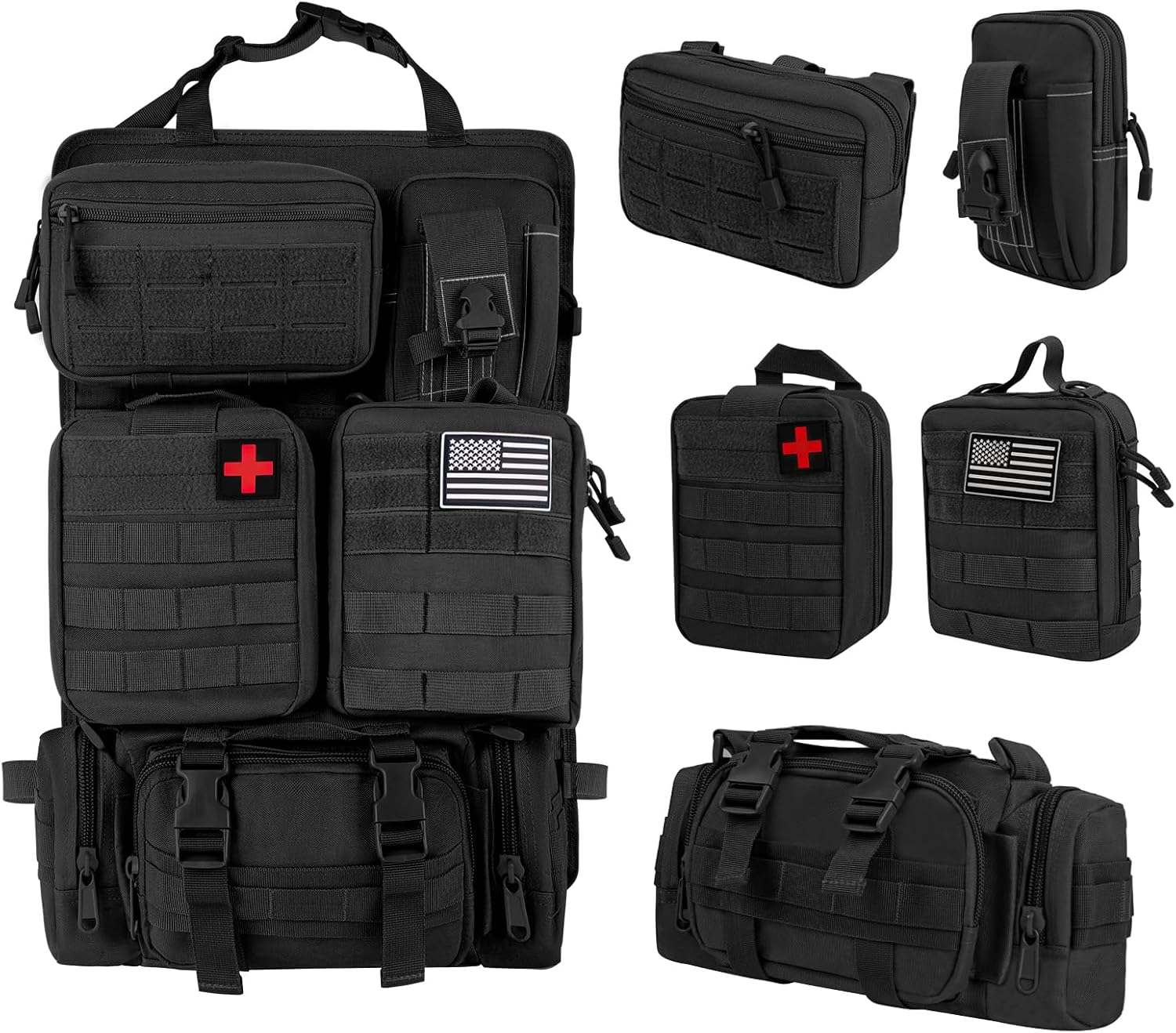 Tactical Car Seat Back Organizer Bag - Tactical Molle Vehicle Organizers Panel with 5 Detachable Pouches for Car Truck Ford Jeep Vehicle (Black Regular)