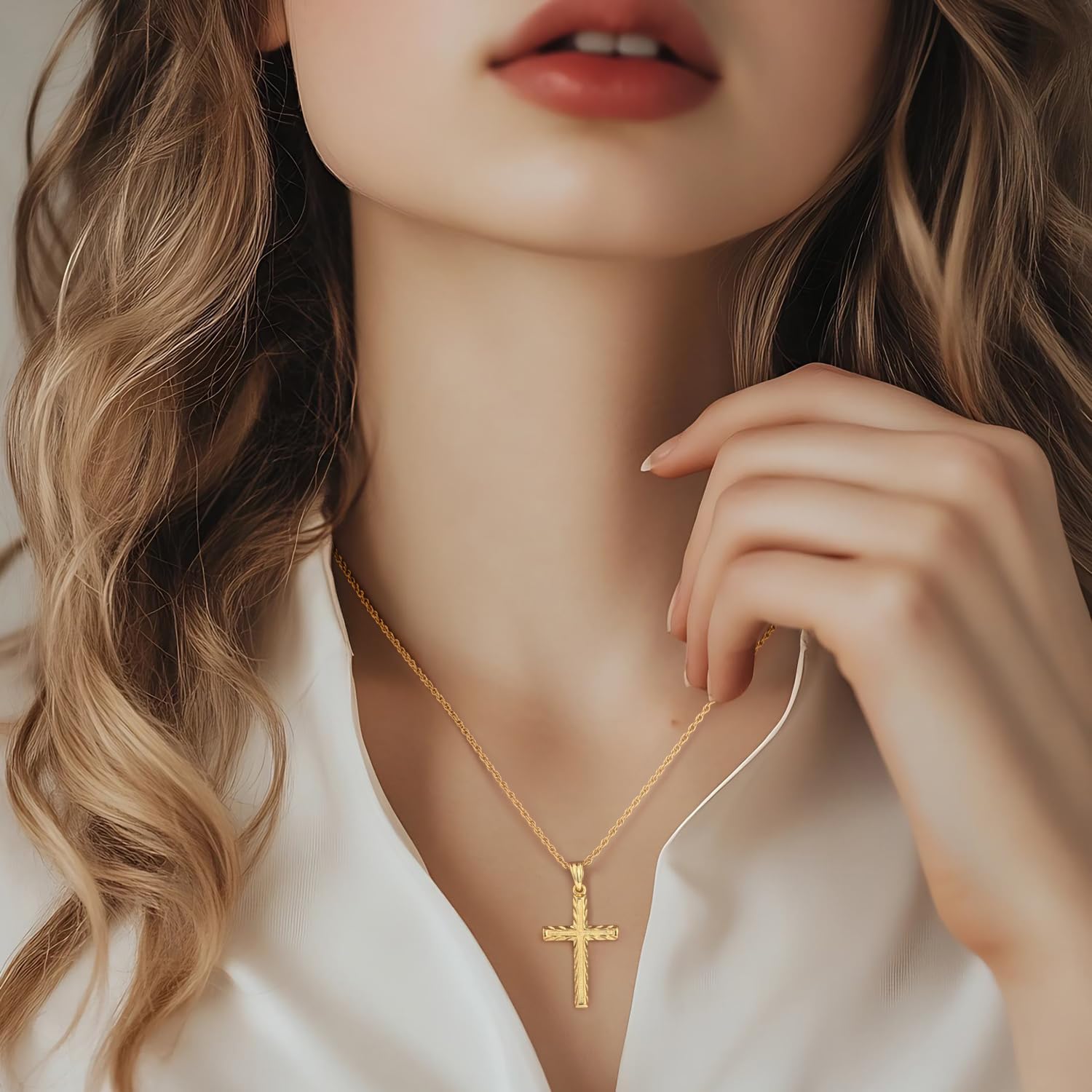 Cross Necklace for Women Gold Cross Necklaces for Women 14K Gold Crosses Pendant Necklaces for Womens with Singapore Chain Engraved with Fine Symmetrical Stripes Womens Crosses Chain Pendant