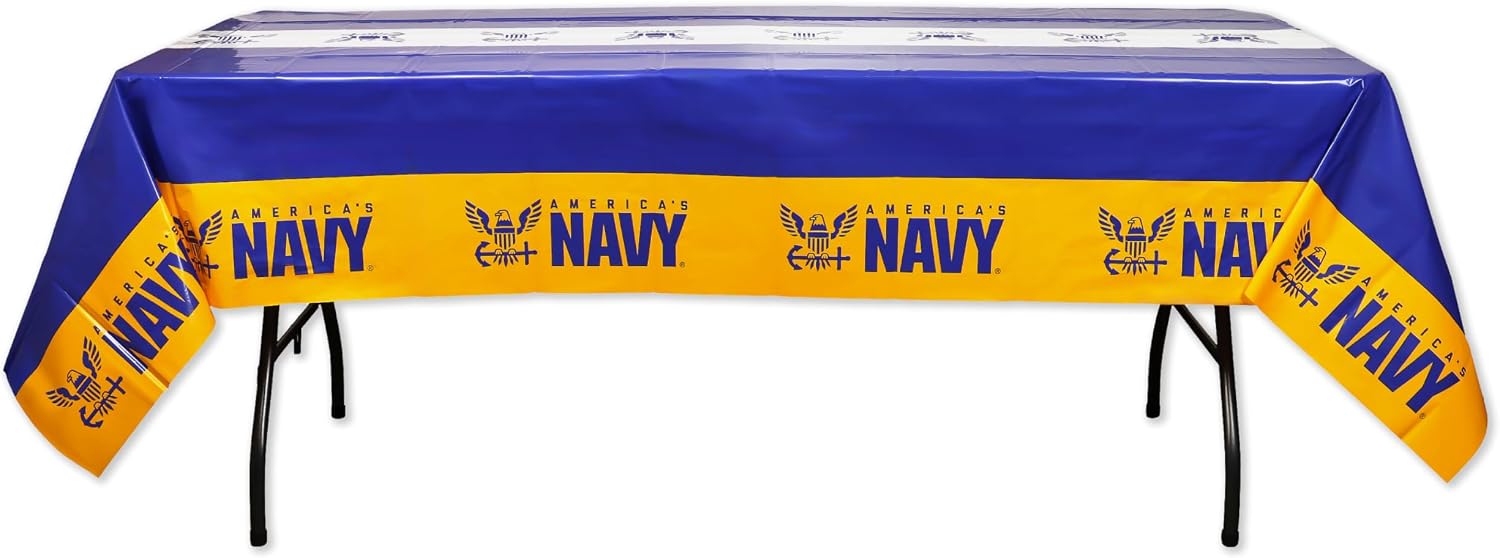 Havercamp U.S. Navy Premium Disposable Plastic Tablecloth Party Decoration 9ft by 4.5 feet Table Cover | Disposable table cover featuring the official U.S. Navy design for birthdays, military events, reunions, and celebrations.