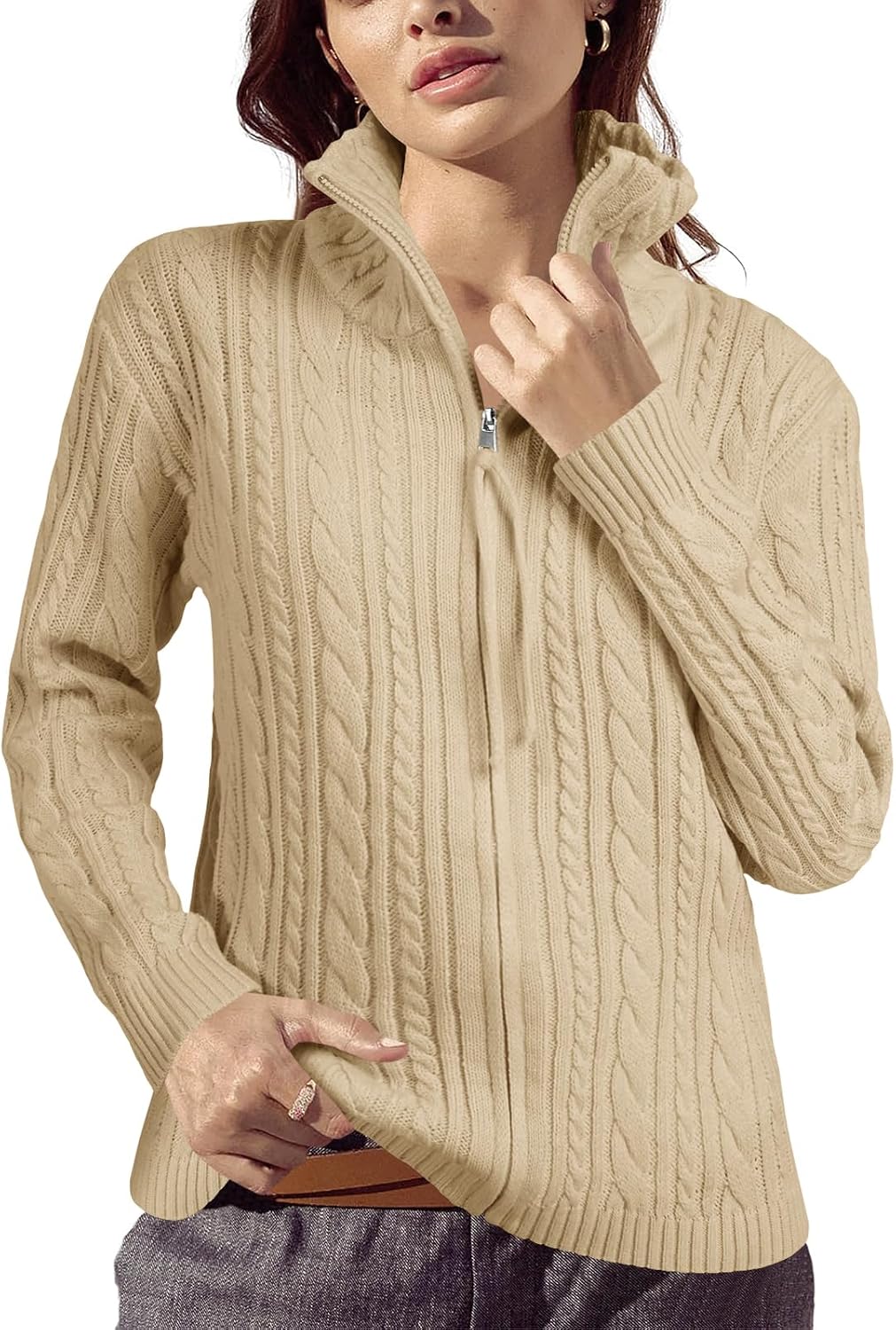 Saodimallsu Womens Cable Knit Cardigan Zip Up Collared Long Sleeve Vintage Sweater Loose Open Front Coats - Image 2