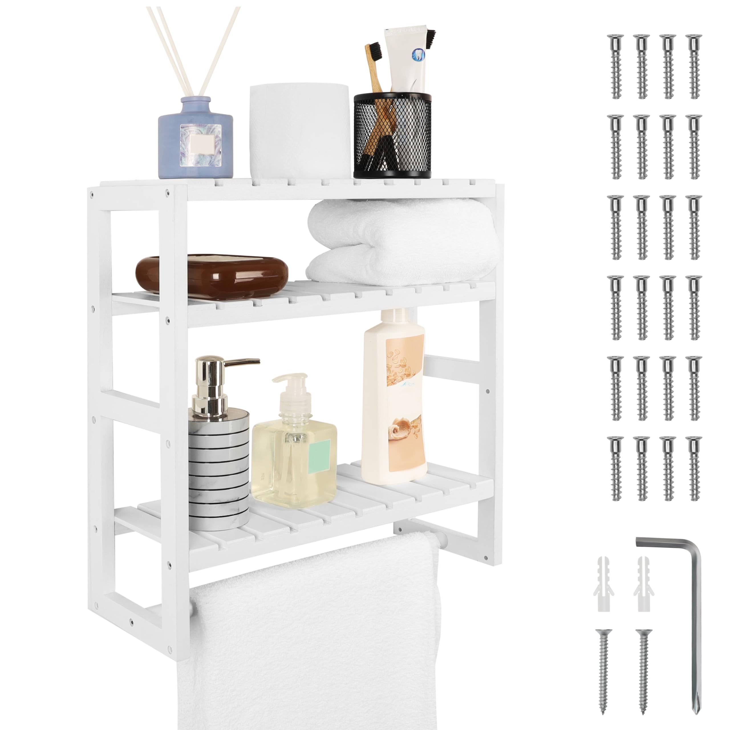 BELLE VOUS Estanteria Baño - 3 Niveles Estantes Flotantes Blanco - 42 cm de Largo - Set Estanterias de Pared Decorativa - Rústico con Toallero - Para Baño, Sala de Estar, Dormitorio y Cocina