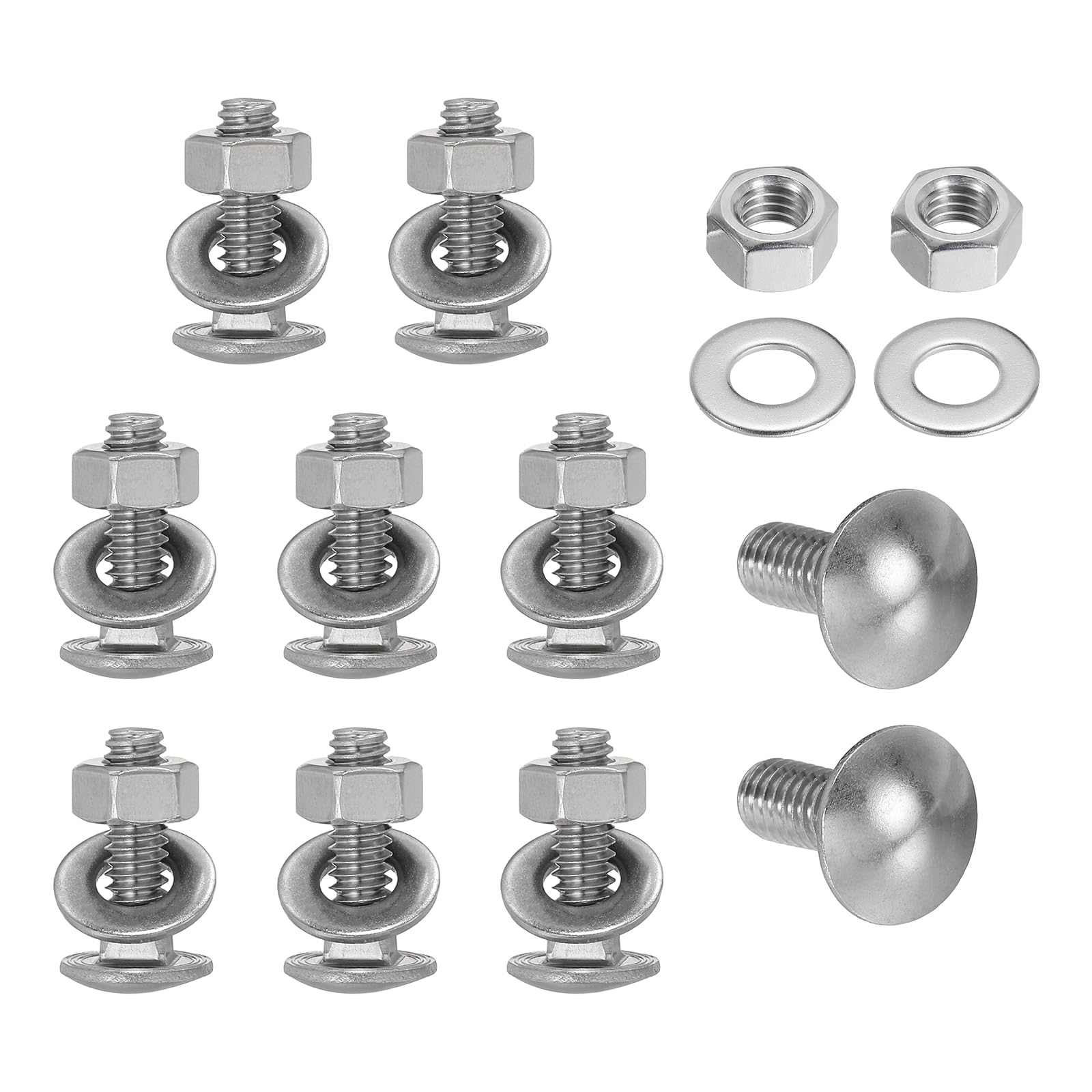 sourcing map Carriage Bolts Screws 10 Sets, 1/4-20 x 7/8" 304 Stainless Steel Bolts Assortment Round Head Square Neck with Hex Nuts & Flat Washers Full Thread Coverage - Silver