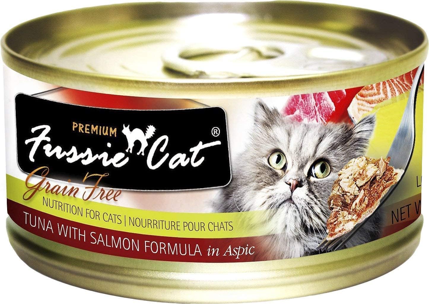 Fussie Cat Premium Canned Grain Free Cat Wet Food - Variety 4 Flavors Pack Food Bowl (48 Cans) (Tuna & Ocean Fish- Salmon - Shrimp - Chicken) 2.82 Ounce
