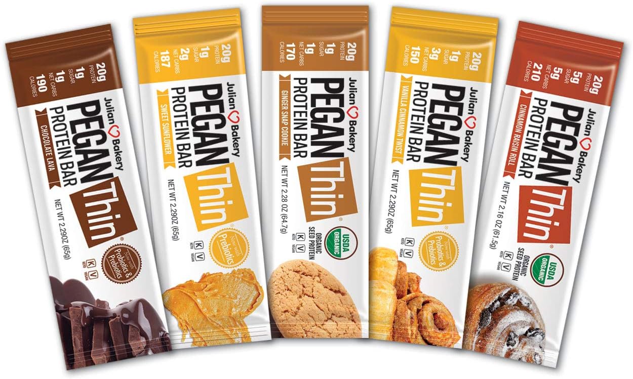 Pegan Thin® Protein Bar (Variety Box) 12 Bars (20g Organic Plant Protein) (2 Net Carbs 1g Sugar) VeganⓋ