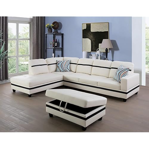 Ainehome Furniture Leather Sectional Sofa, Black & Ivory White - Left Hand Facing (#2)