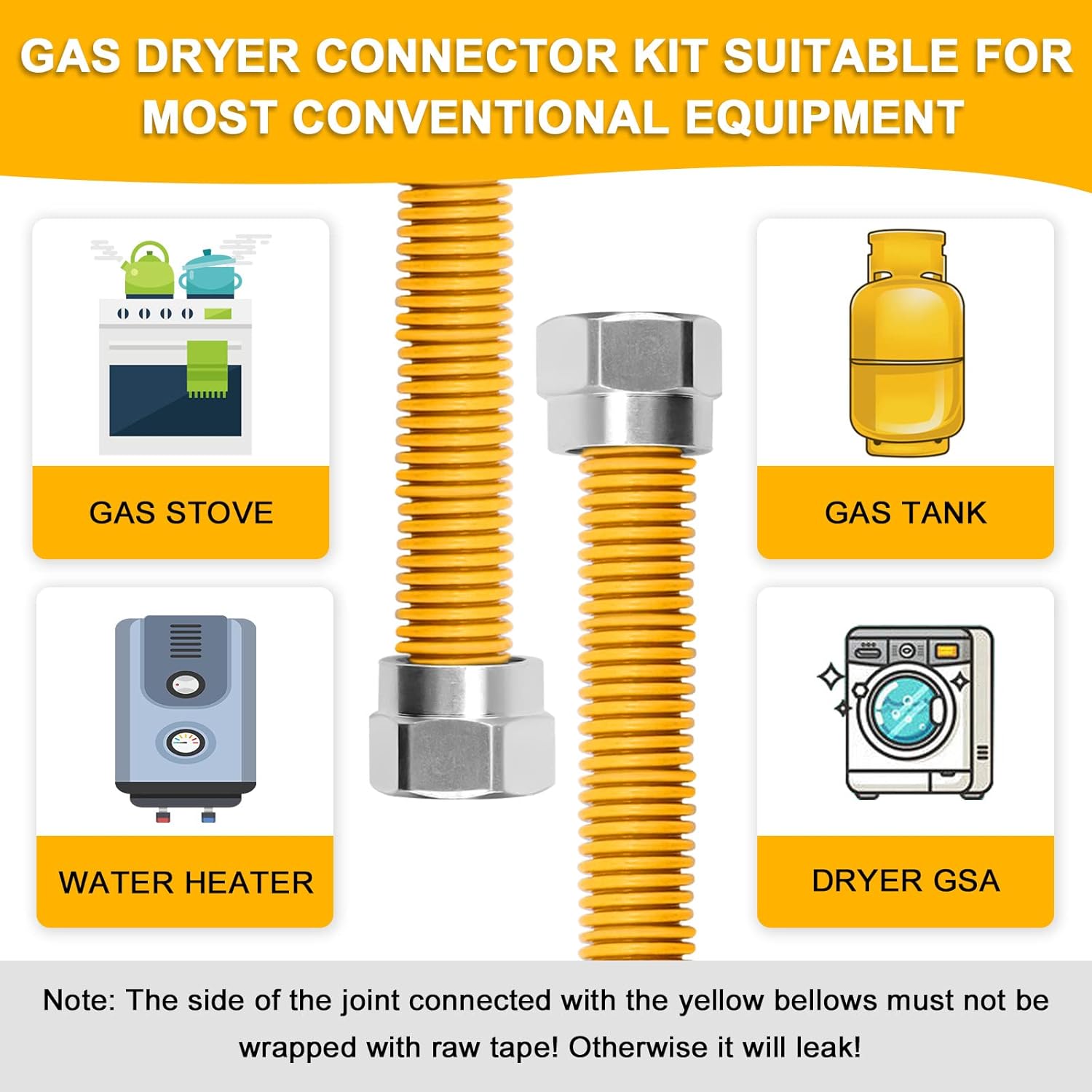 AMI PARTS 72" Flexible Gas Line Kit Yellow Coated, Gas Hose Connector Kit for Dryer, Stove, Water Heater,5/8" OD(1/2" ID) Stainless Steel Gas Line with Connector 1/2" MIP &1/2"FIP & 3/4"MIP Fitting