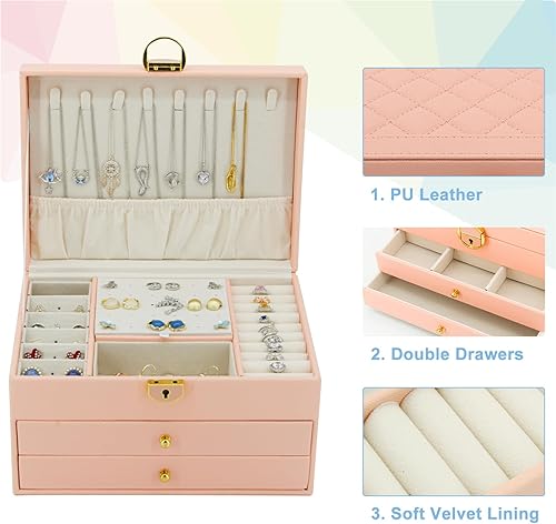 Miniatura 3 de KOOAAICCHI Joyero para mujer, organizador de joyas de 3 capas, estuche de almacenamiento de joyas de piel sintética para aretes, pulseras, anillo,